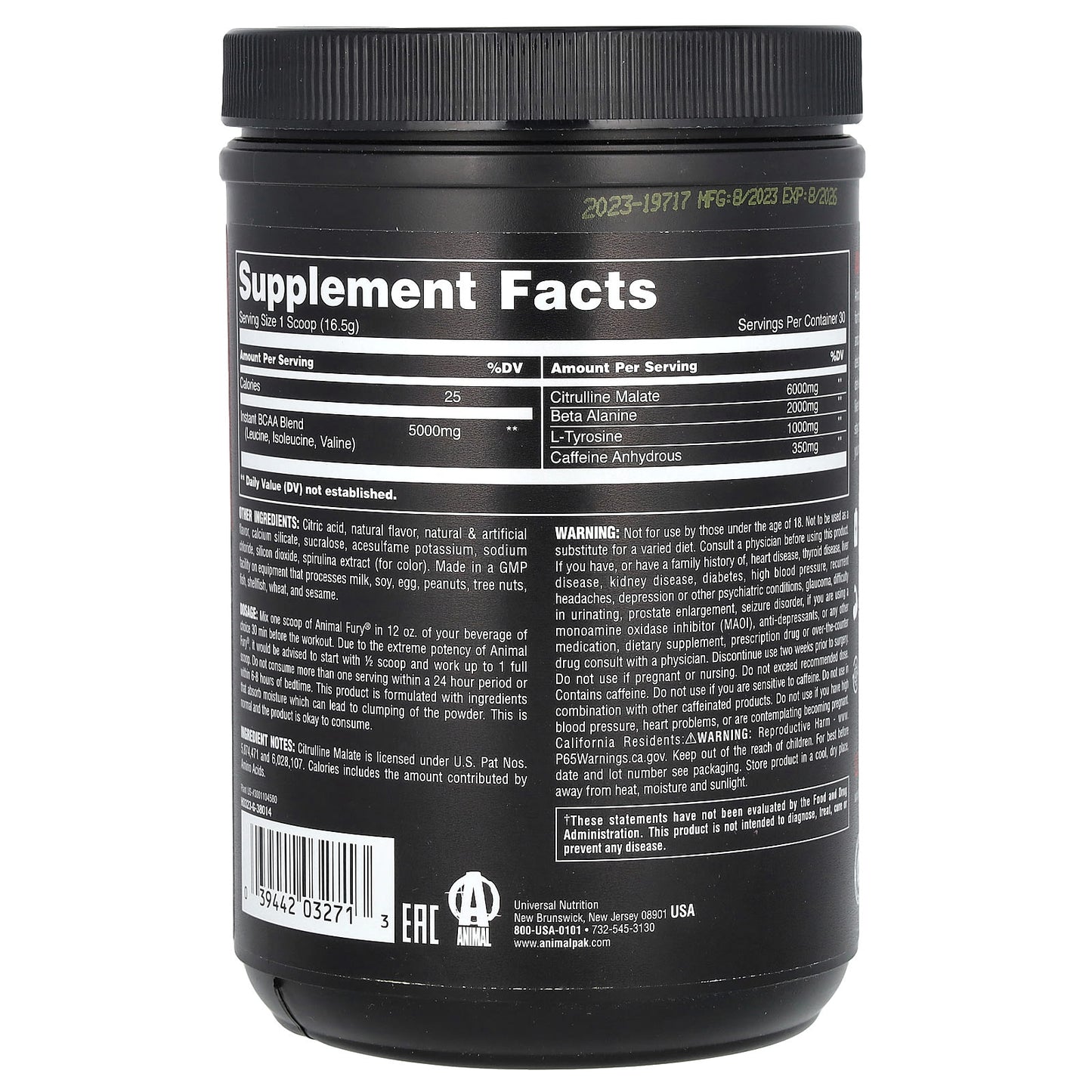 Animal Fury Pre Workout Blue Raspberry 495g High Intensity Energy - Image 2