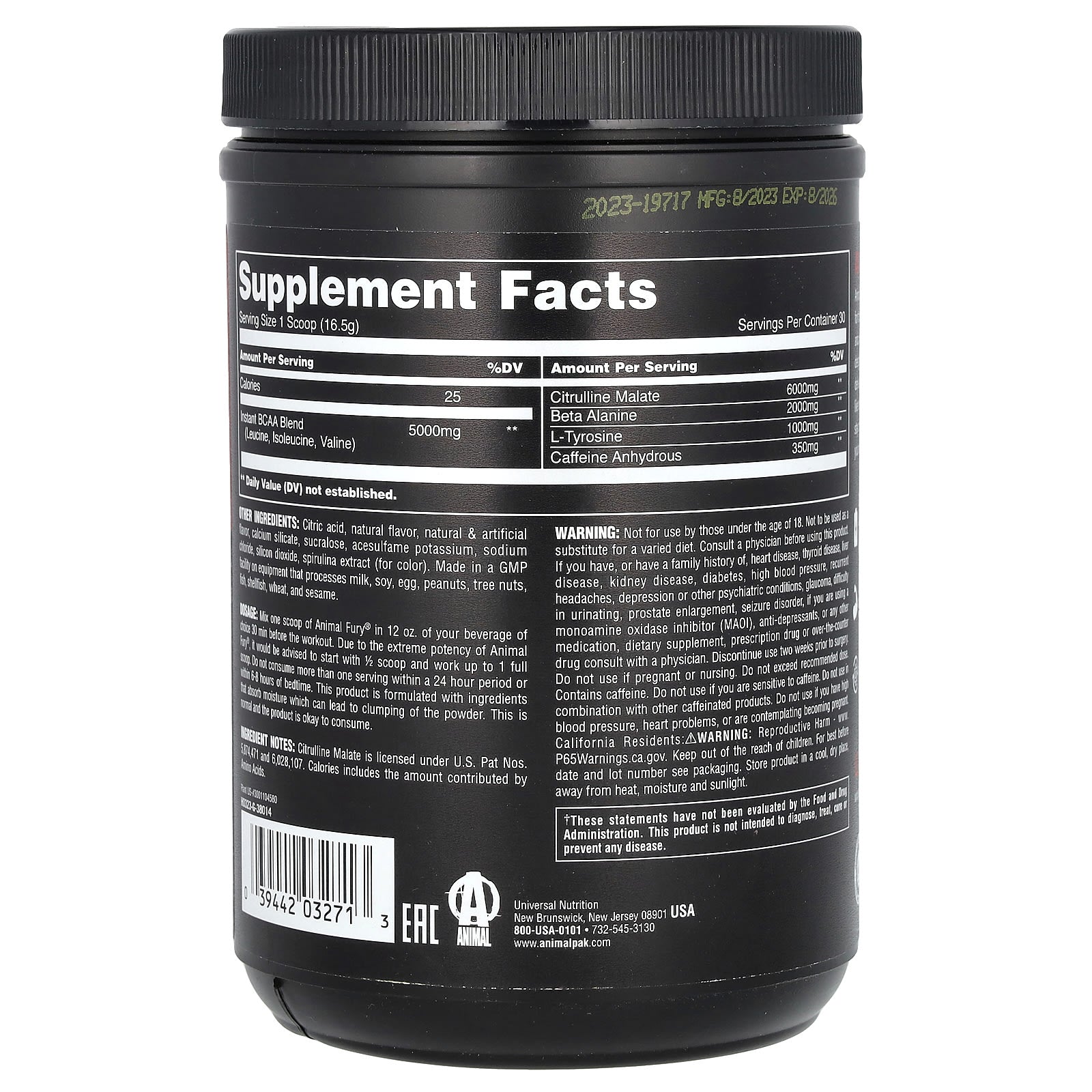 Animal Fury Pre Workout Blue Raspberry 495g High Intensity Energy - Image 2
