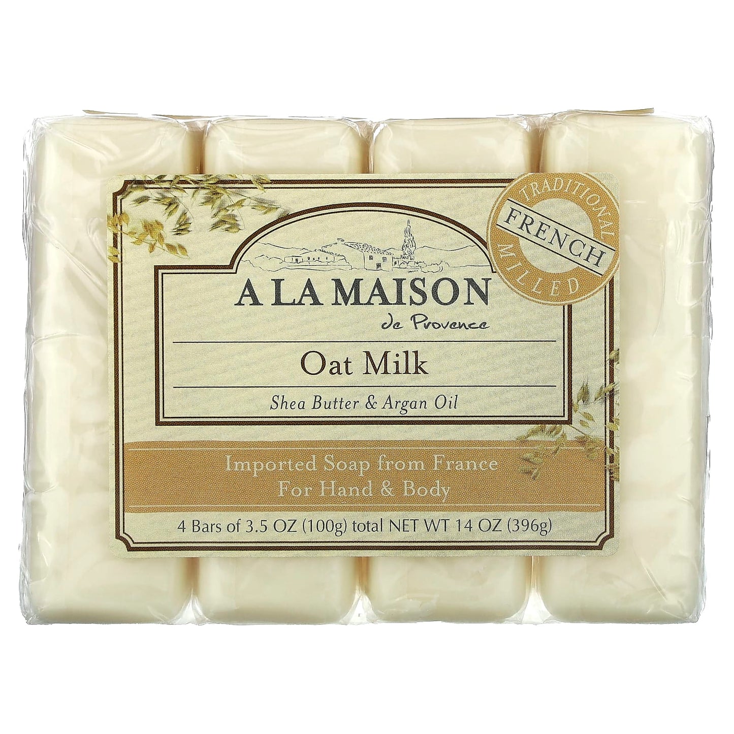 French Milled Soap Bars for Hand & Body, Oat Milk, 4-Pack - Image 1
