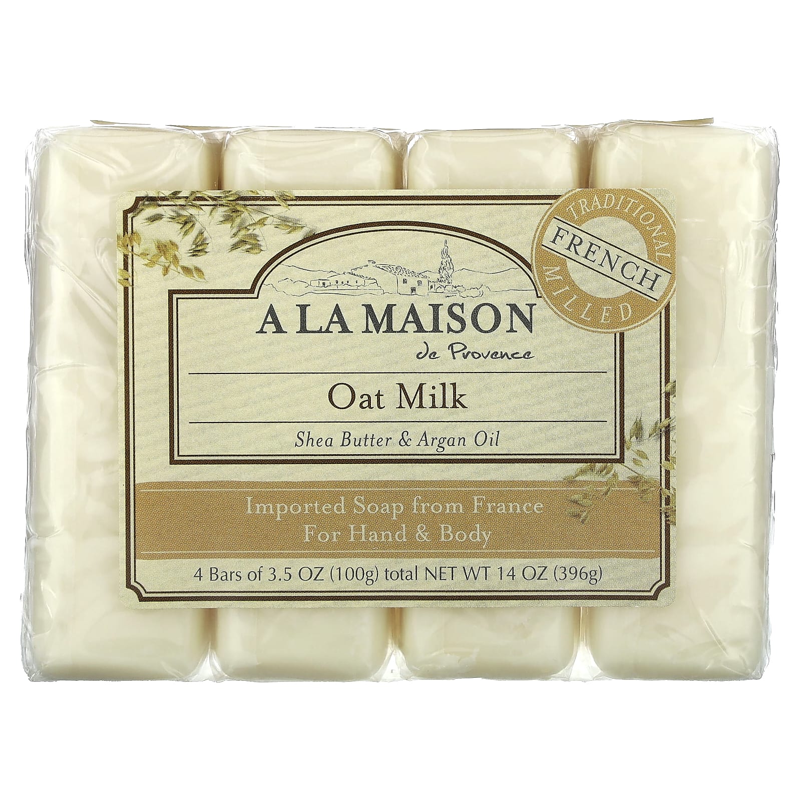 French Milled Soap Bars for Hand & Body, Oat Milk, 4-Pack - Image 1
