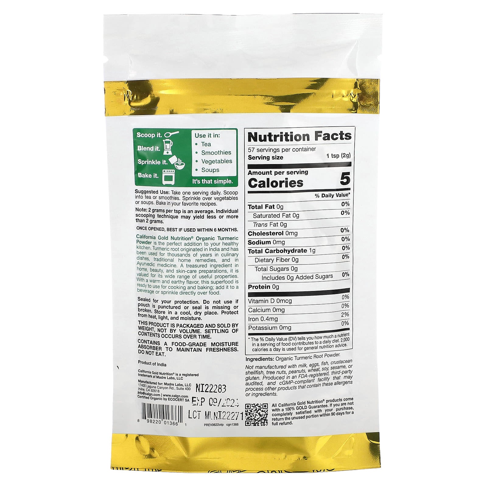 California Gold Nutrition Organic Turmeric Powder 4 oz - Image 2