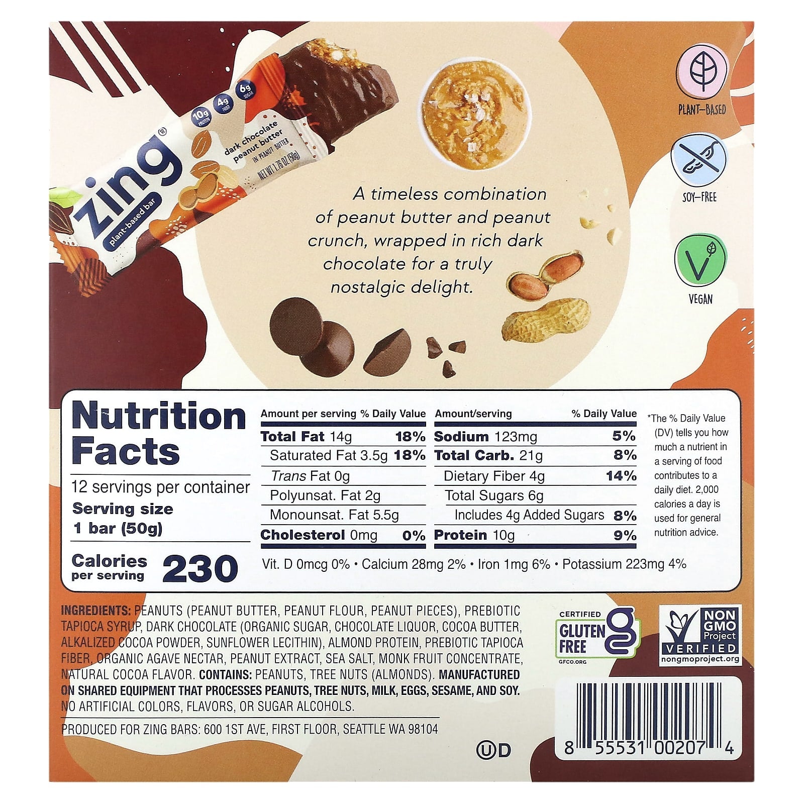 Zing Bars, Plant-Based Bar, Dark Chocolate Peanut Butter In Peanut Butter, 12 Bars, 1.76 oz (50 g) Each - Image 2
