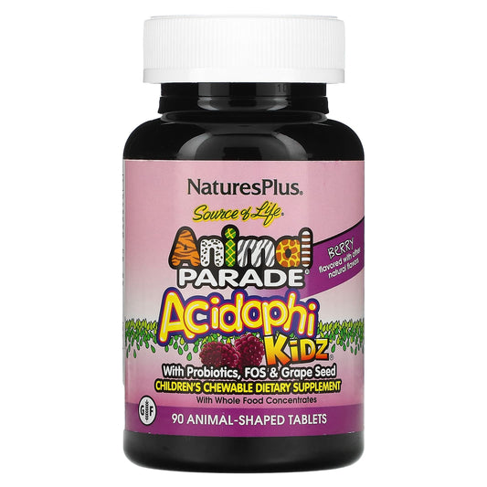 NaturesPlus, Source of Life, Animal Parade, AcidophiKidz, Children's Chewable, Berry, 90 Animal-Shaped Tablets