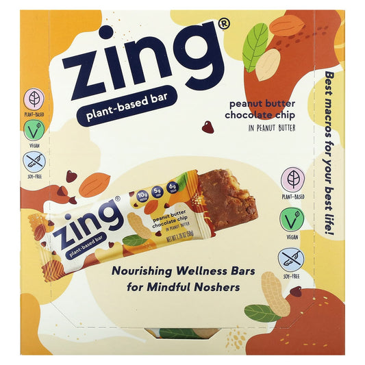 Zing Bars, Plant-Based Bar, Peanut Butter Chocolate Chip In Peanut Butter, 12 Bars, 1.76 oz (50 g) Each - Image 1