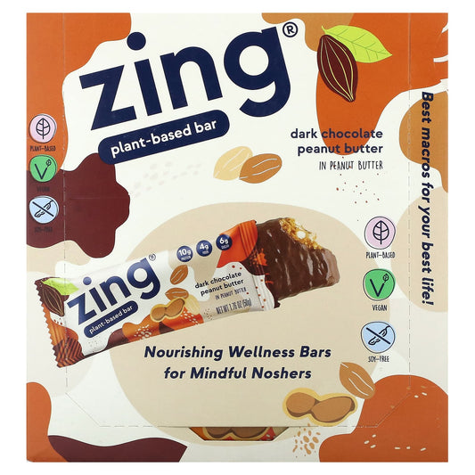 Zing Bars, Plant-Based Bar, Dark Chocolate Peanut Butter In Peanut Butter, 12 Bars, 1.76 oz (50 g) Each - Image 1