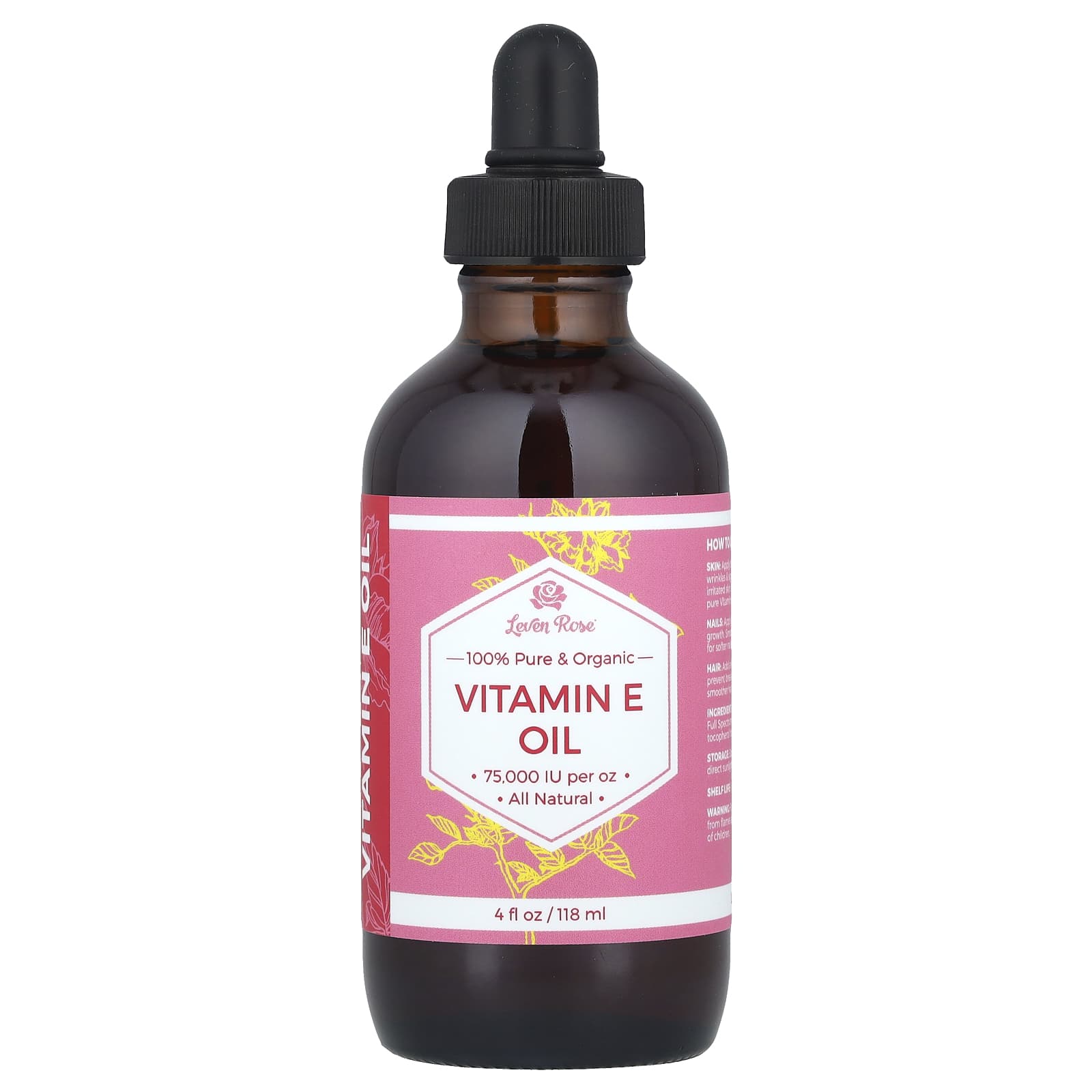 Leven Rose, 100% Pure & Organic Vitamin E Oil, 4 fl oz (118 ml) - Image 1