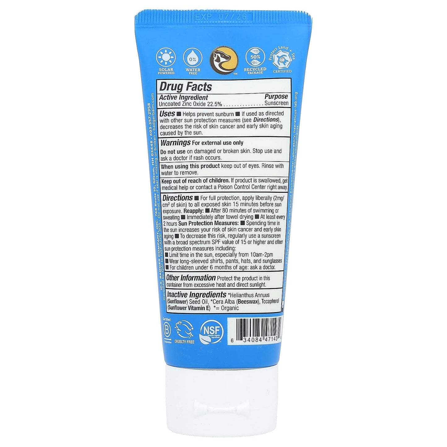 Badger Sport Mineral Sunscreen SPF 40 Unscented 2.9 fl oz - Image 2