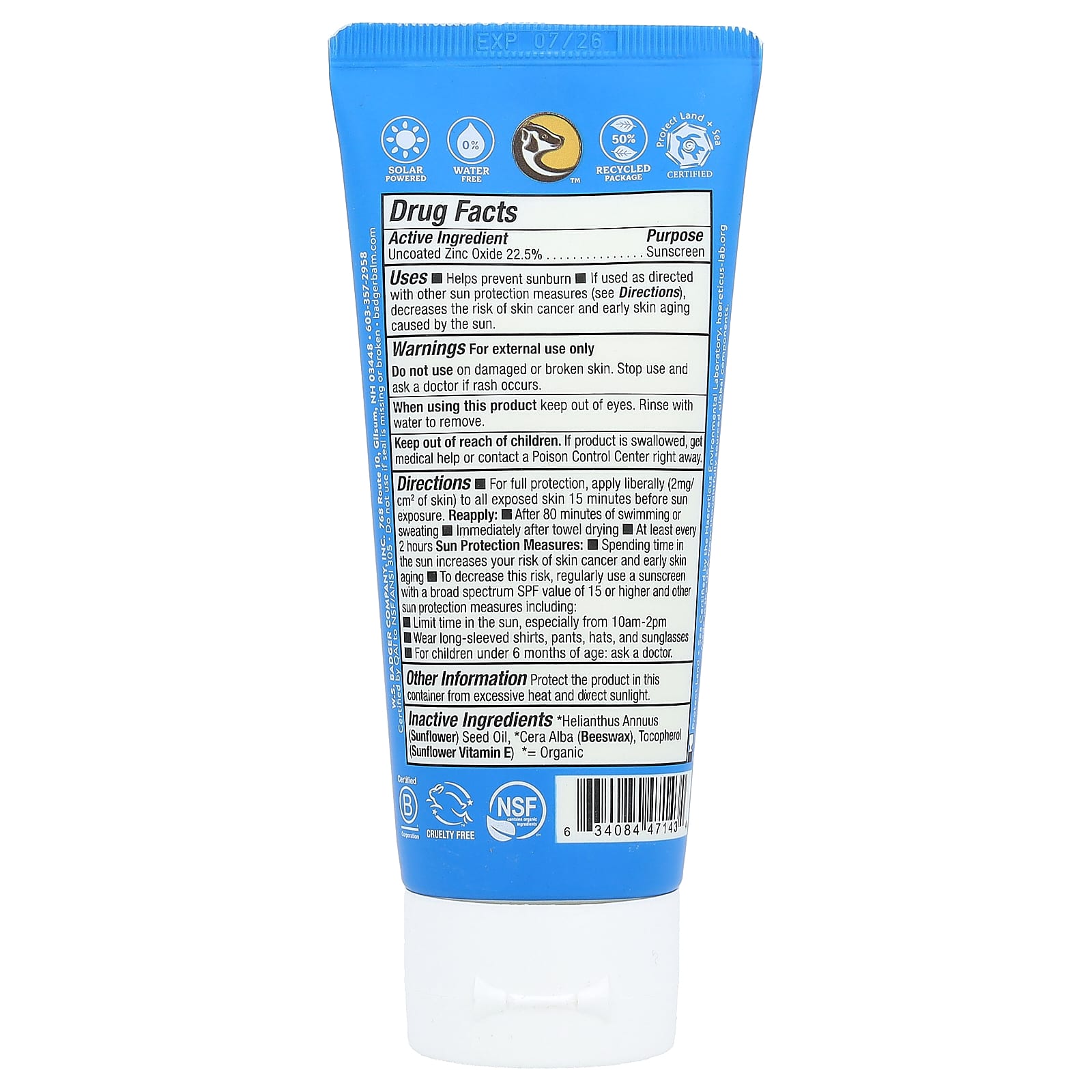 Badger Sport Mineral Sunscreen SPF 40 Unscented 2.9 fl oz - Image 2