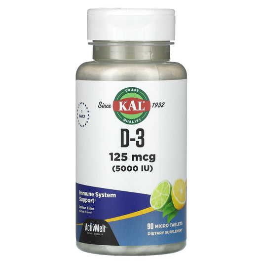 KAL, D-3, Lemon Lime, 125 mcg (5,000 IU), 90 Micro Tablets - Image 1