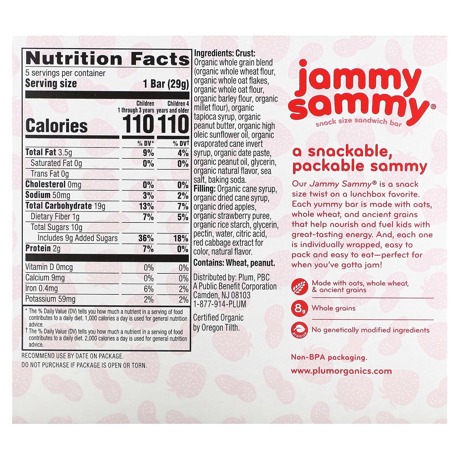 Plum Organics, Jammy Sammy, Snack Size Sandwich Bar, 15 Months & Up, Peanut Butter & Strawberry, 5 Bars, 1.02 oz (29 g) Each - Image 2