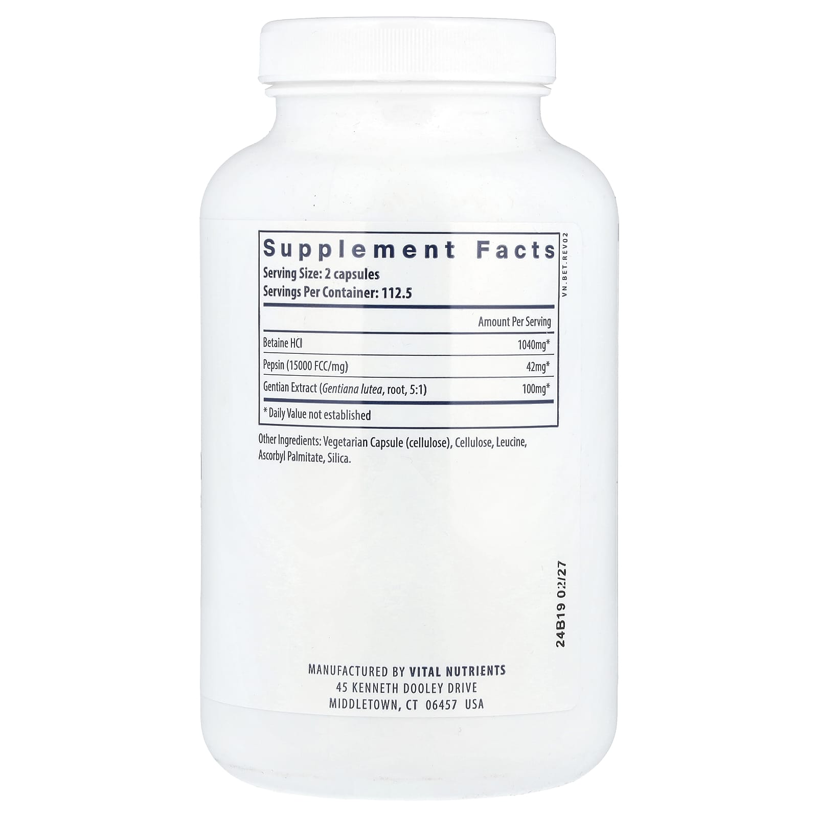 Vital Nutrients, Betaine HCl Pepsin with Gentian Root Extract, 225 Capsules - Image 2