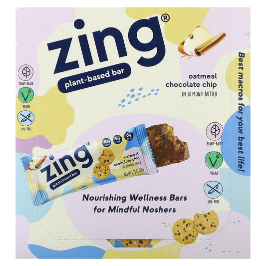 Zing Bars, Plant-Based Bar, Oatmeal Chocolate Chip In Almond Butter, 12 Bars, 1.76 oz (50 g) Each - Image 1