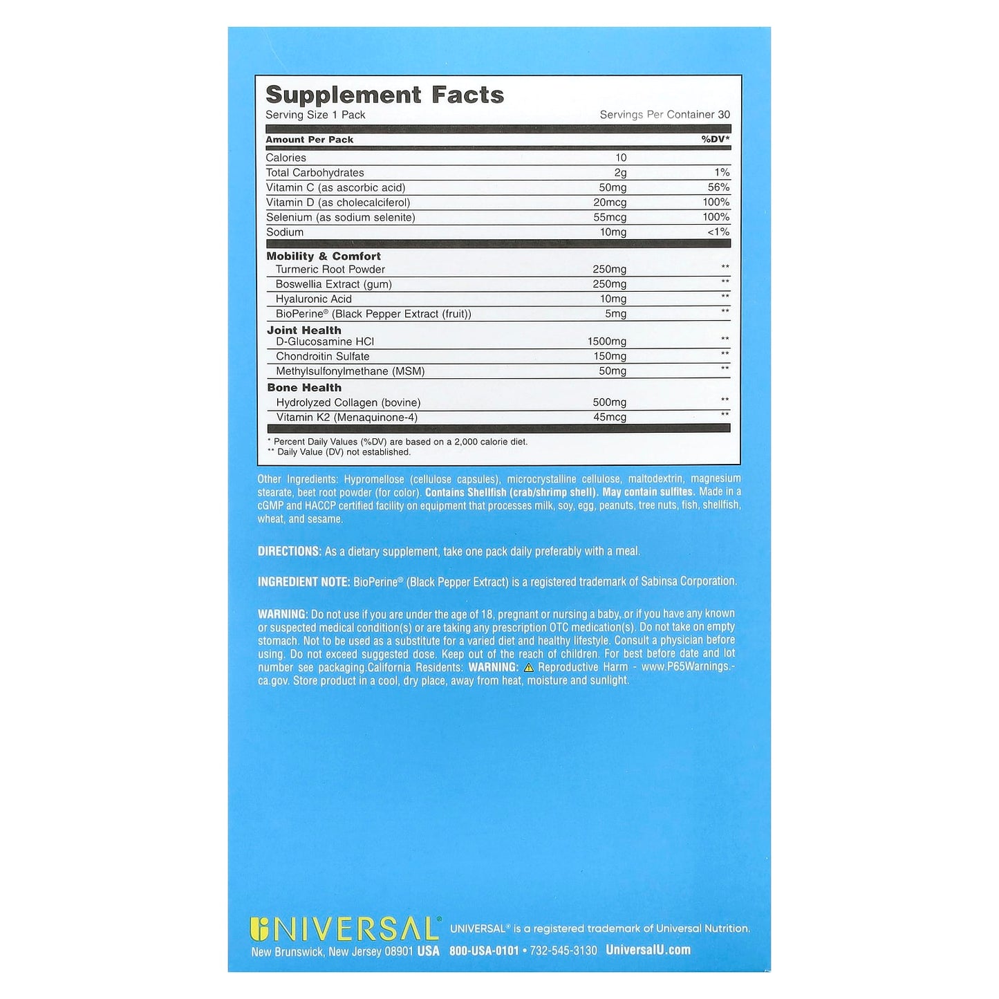 Universal U, Mobility & Bone Support, 30 Pill Packs - Image 2