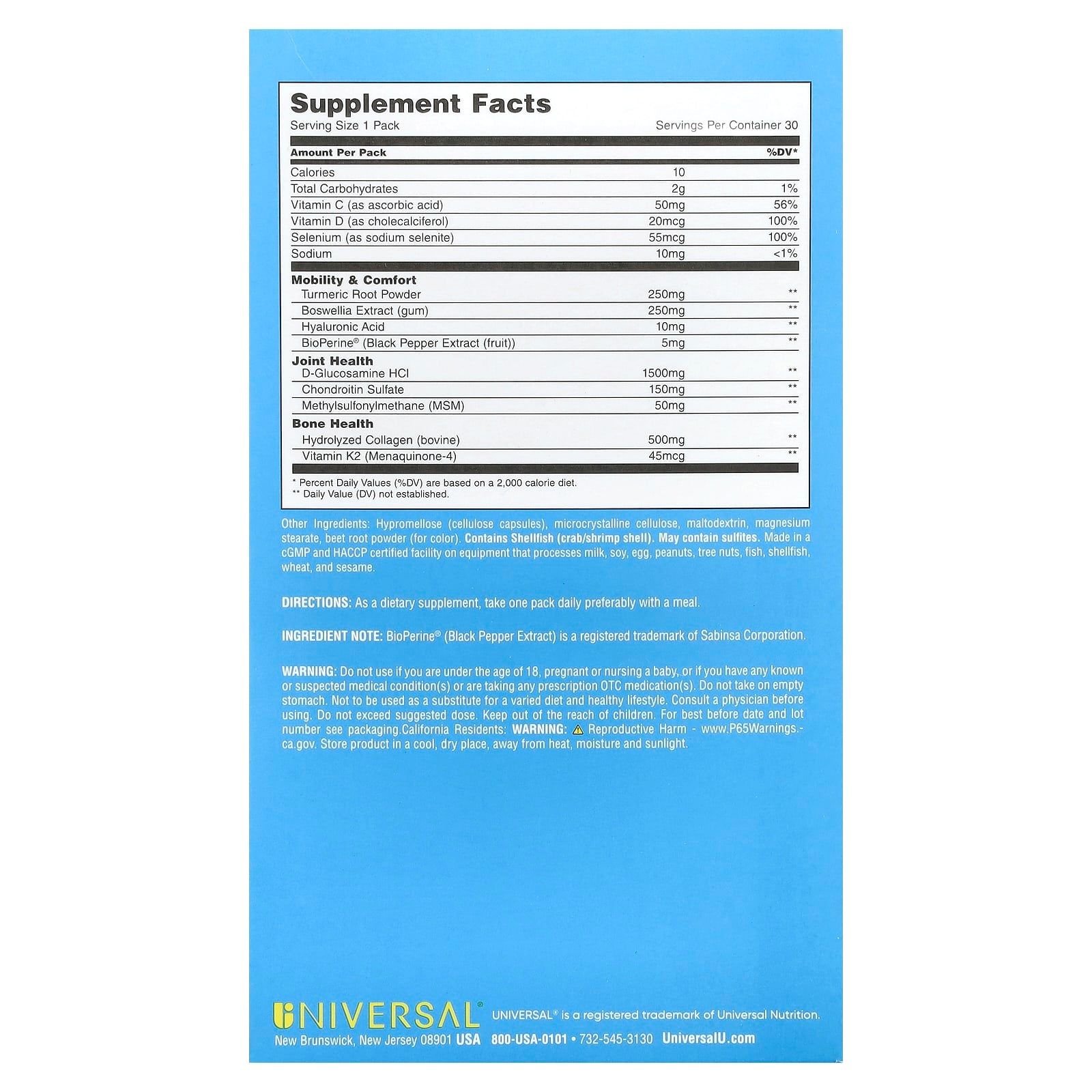 Universal U, Mobility & Bone Support, 30 Pill Packs - Image 2