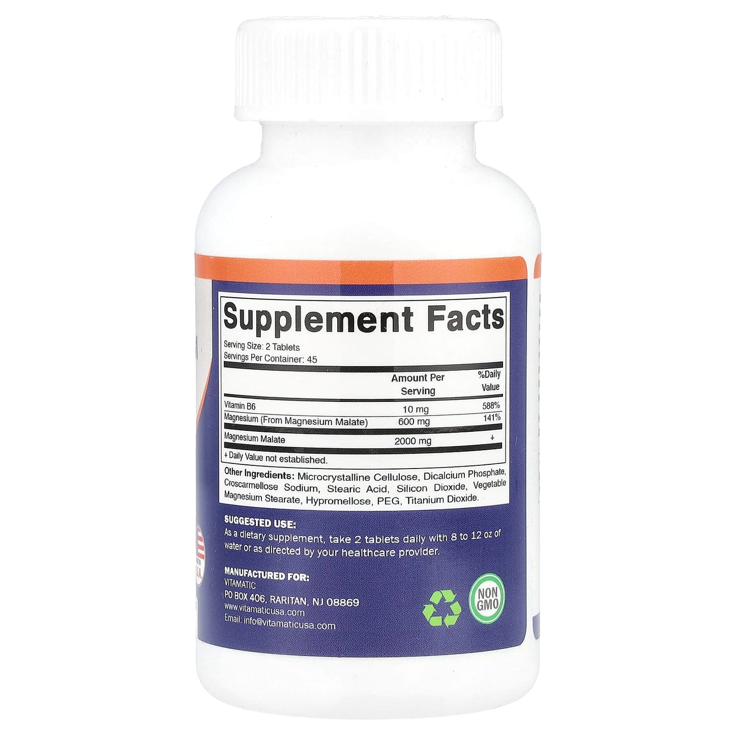 Vitamatic, Magnesium Malate with B6, 2,000 mg, 90 Vegetarian Tablets (1,000 mg Per Tablet) - Image 2