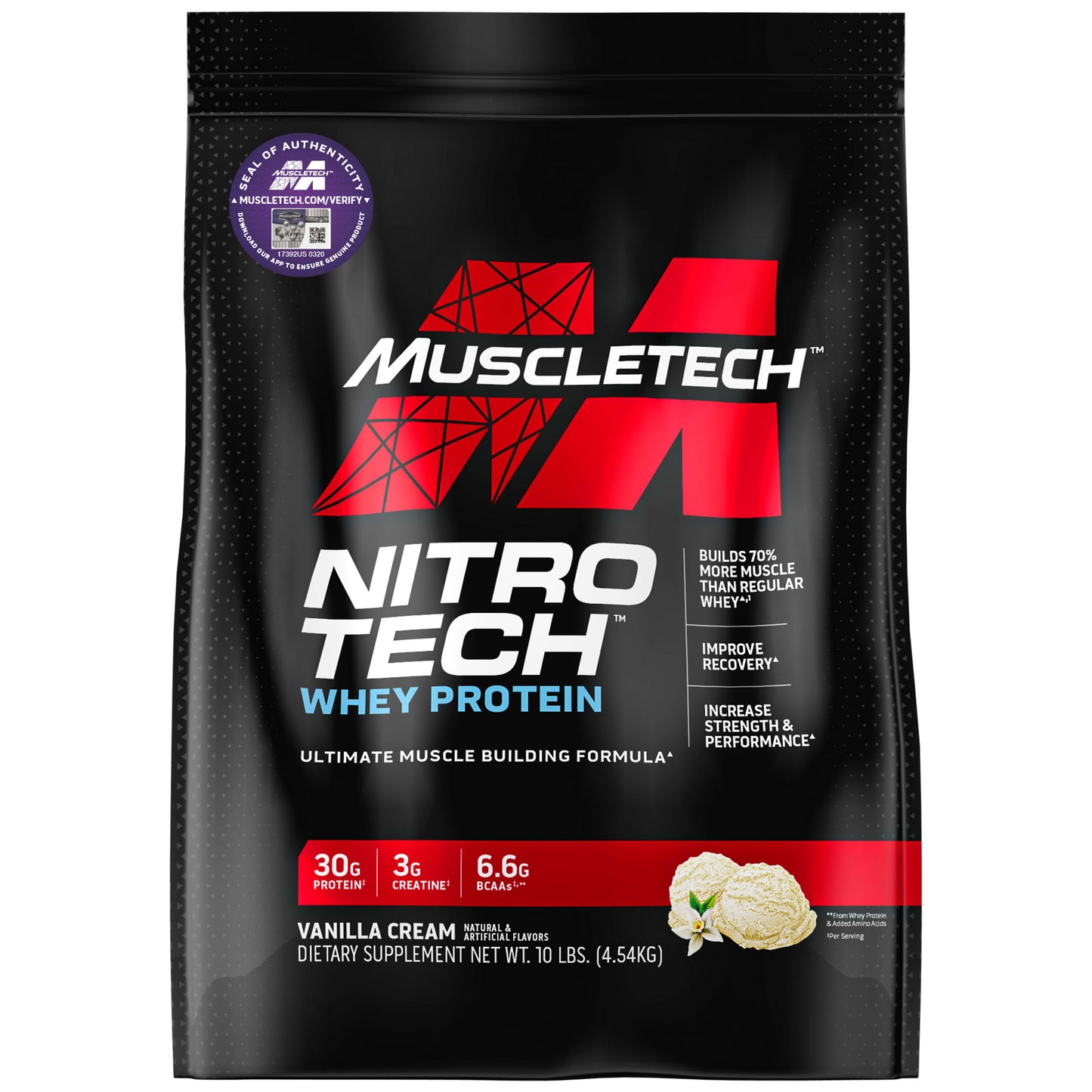 MuscleTech, Nitro-Tech® Whey Protein, Vanilla, 10 lbs (4.54 kg) - Image 1