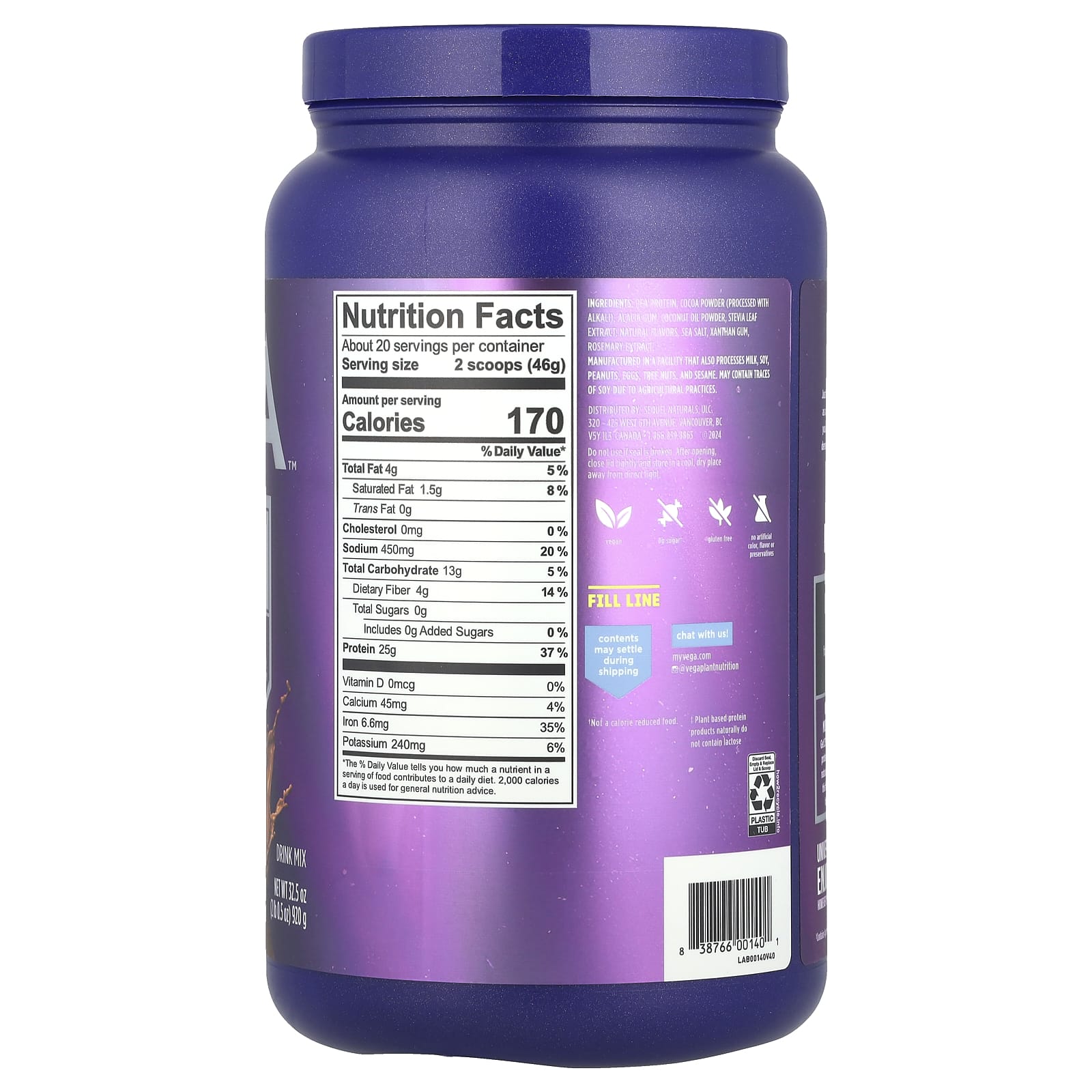 Vega, Essential Plant-Based Protein, Creamy Chocolate, 2 lb 0.5 oz (920 g) - Image 2