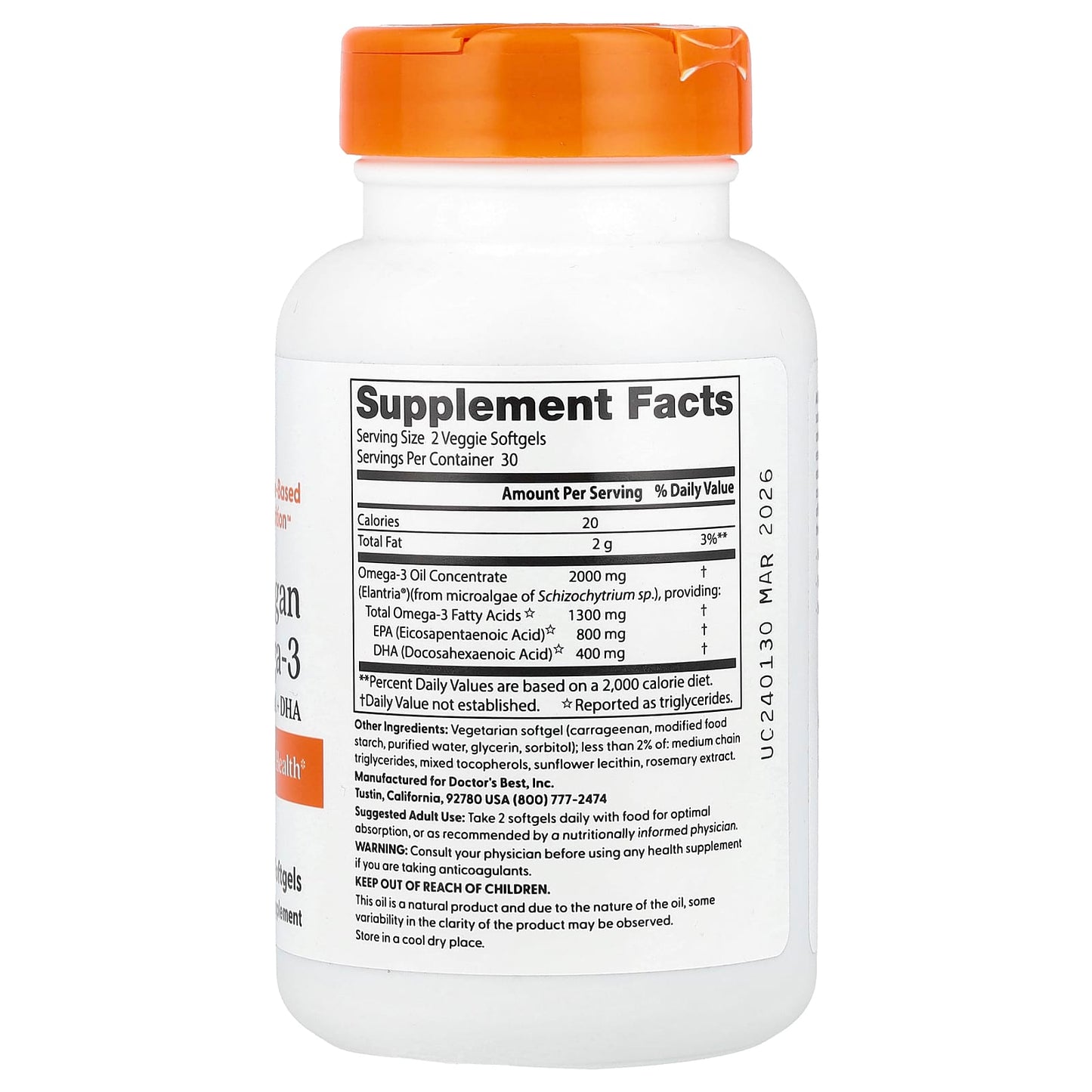 Doctor's Best, Vegan Omega-3, EPA+DHA, 60 Veggie Softgels (1,000 mg per Softgel)