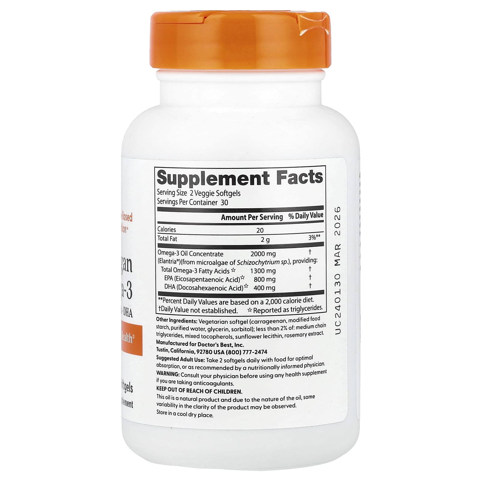 Doctor's Best, Vegan Omega-3, EPA+DHA, 60 Veggie Softgels (1,000 mg per Softgel)