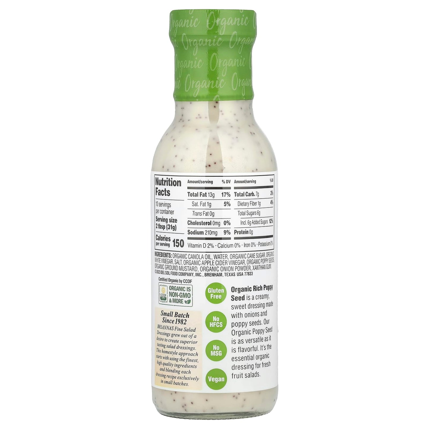 Briannas Organic Rich Poppy Seed Dressing, 10 fl oz (296 ml) - USDA Certified - Image 2