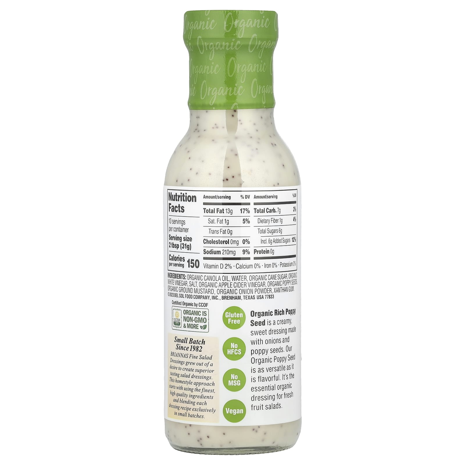 Briannas Organic Rich Poppy Seed Dressing, 10 fl oz (296 ml) - USDA Certified - Image 2