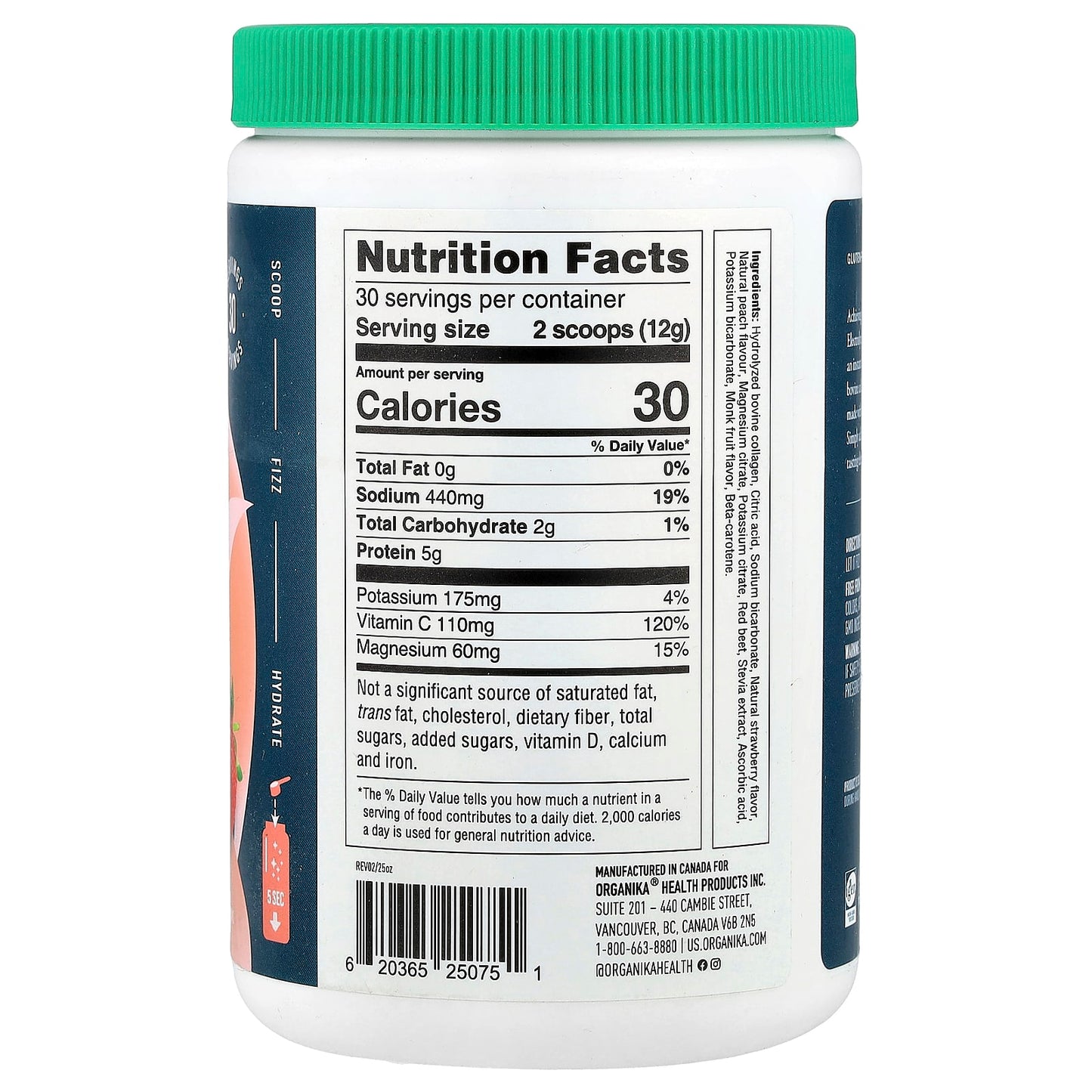 Organika, Electrolytes + Enhanced Collagen™, Juicy Strawberry Peach, 12.7 oz (360 g) - Image 2