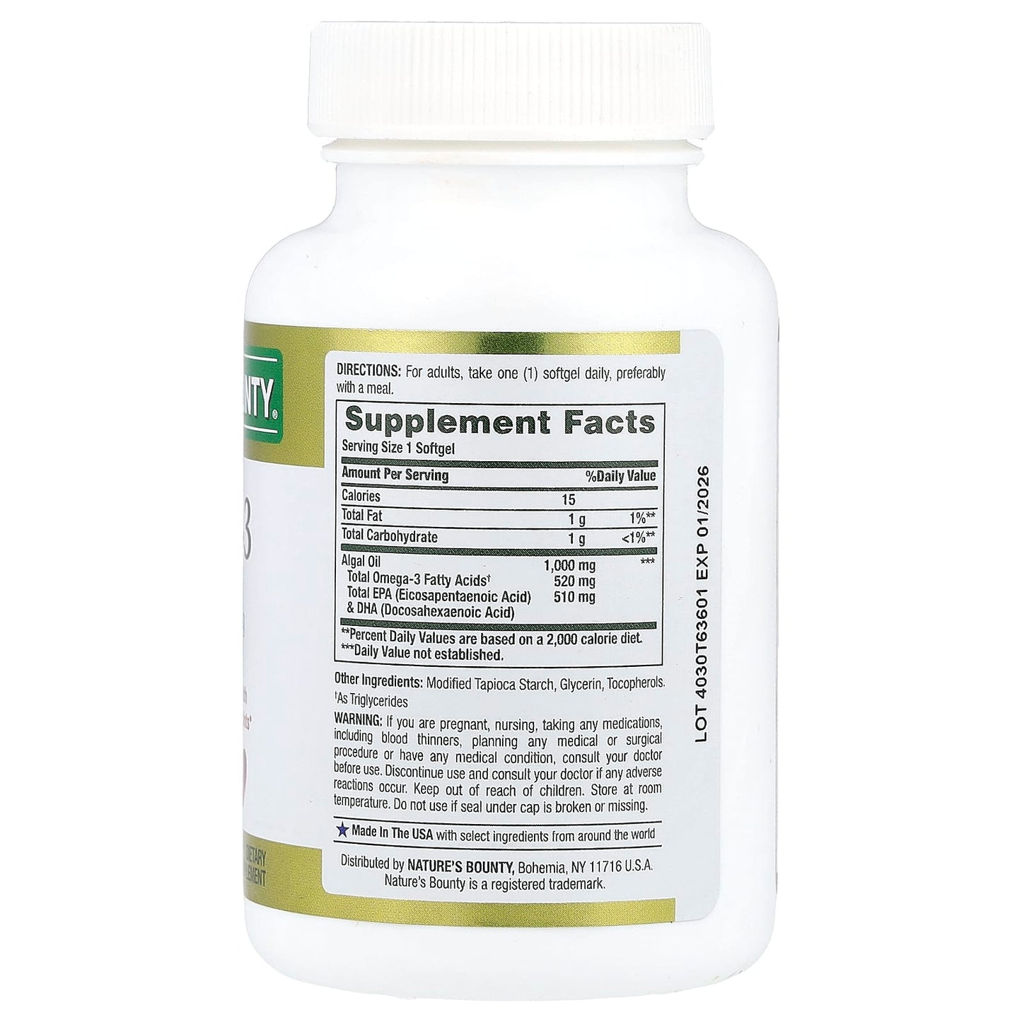 Nature's Bounty, Plant-Based Omega-3, 1,000 mg, 30 Vegetarian Softgels - Image 2