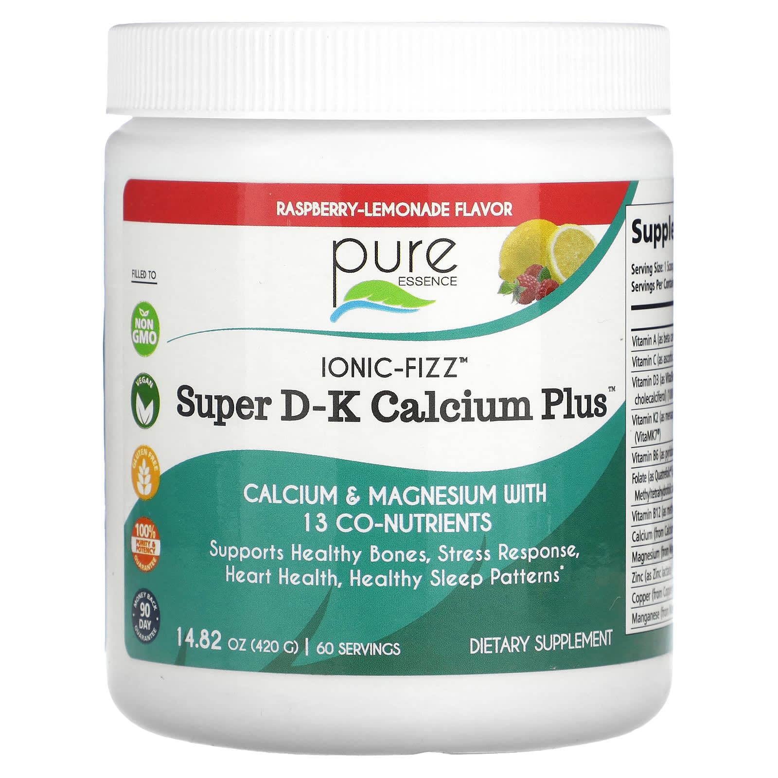 Pure Essence, Ionic-Fizz, Super D-K Calcium Plus, Raspberry Lemonade, 14.82 oz (420 g) - Image 1