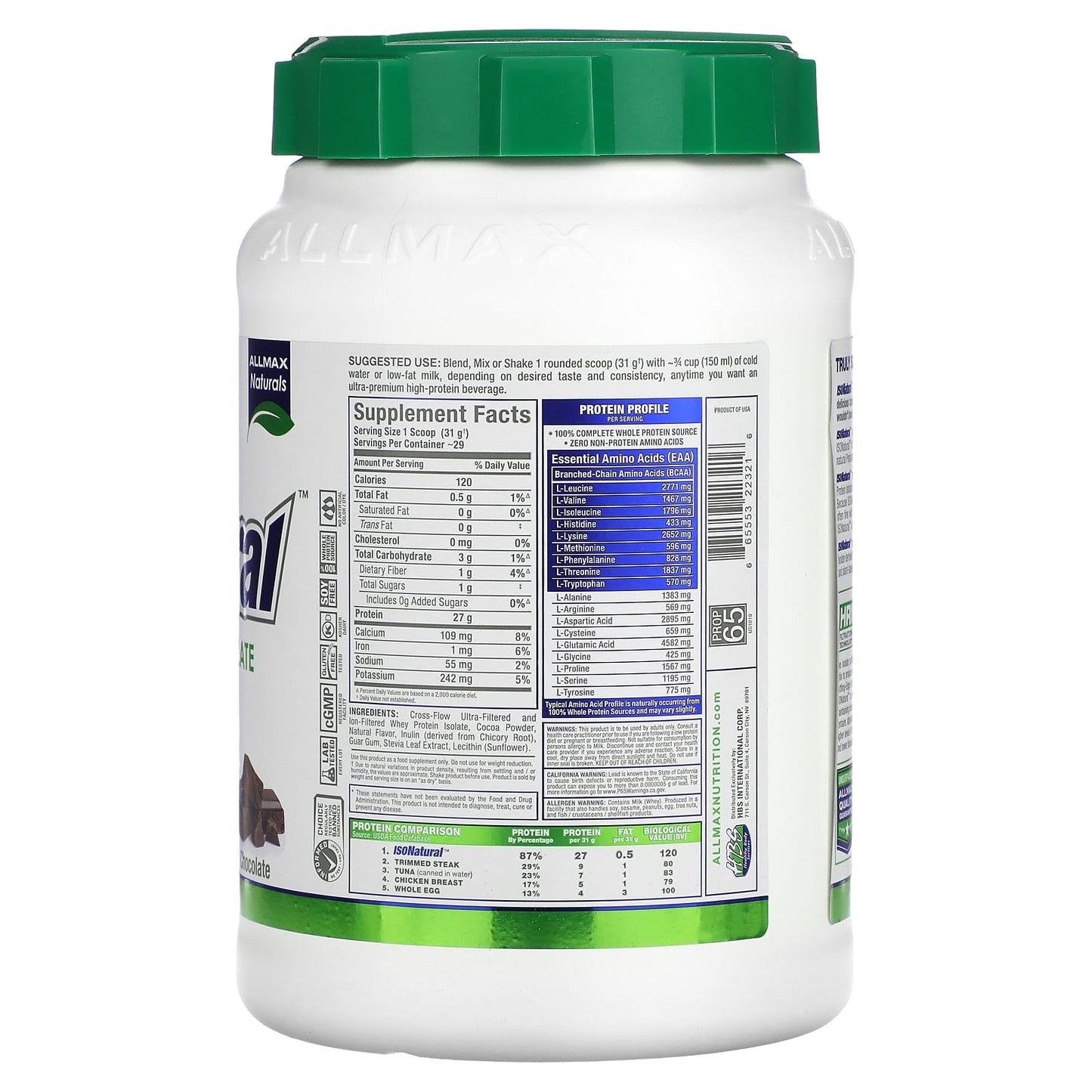 ALLMAX IsoNatural Pure Whey Protein Isolate, Chocolate, 2 lbs - Image 2