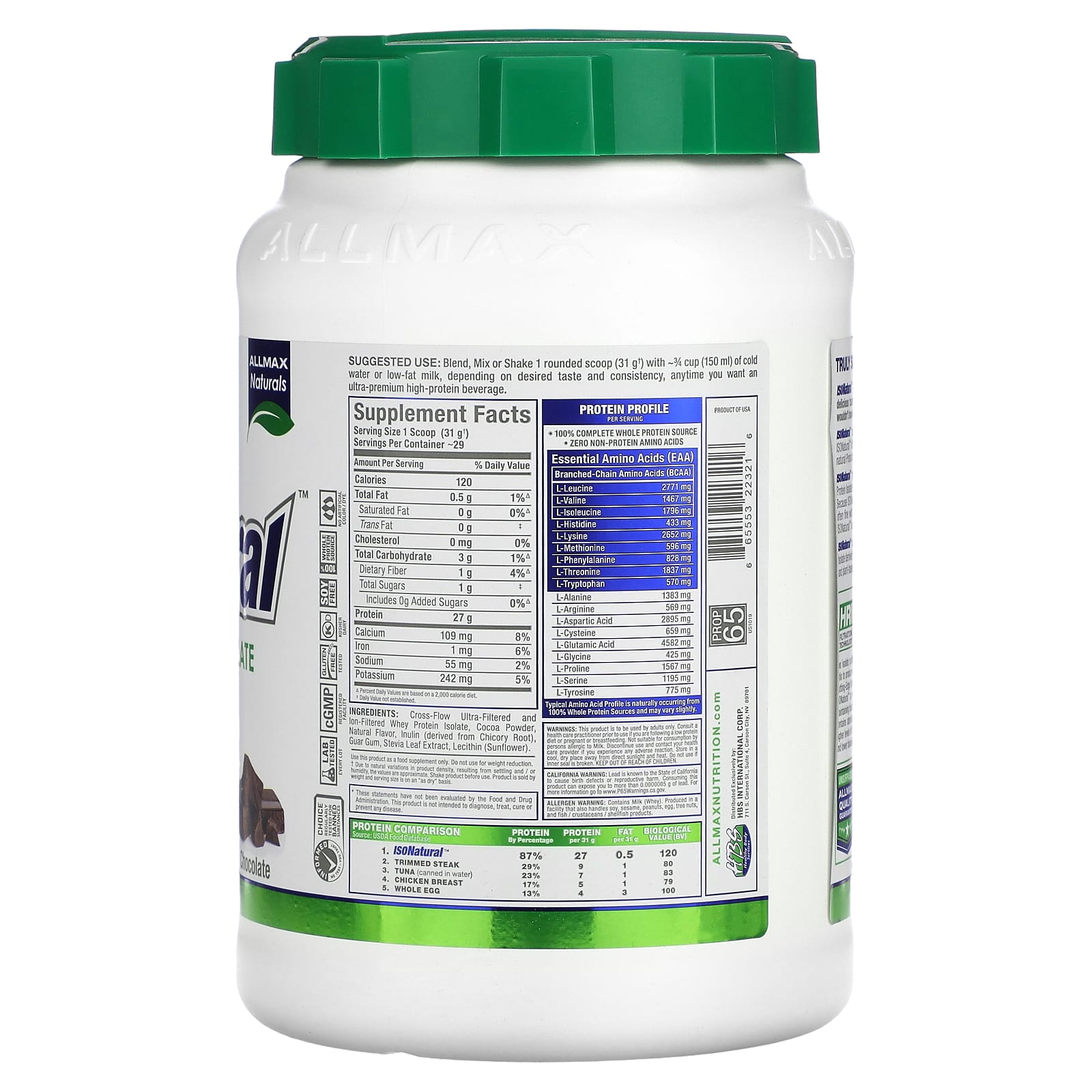ALLMAX IsoNatural Pure Whey Protein Isolate, Chocolate, 2 lbs - Image 2