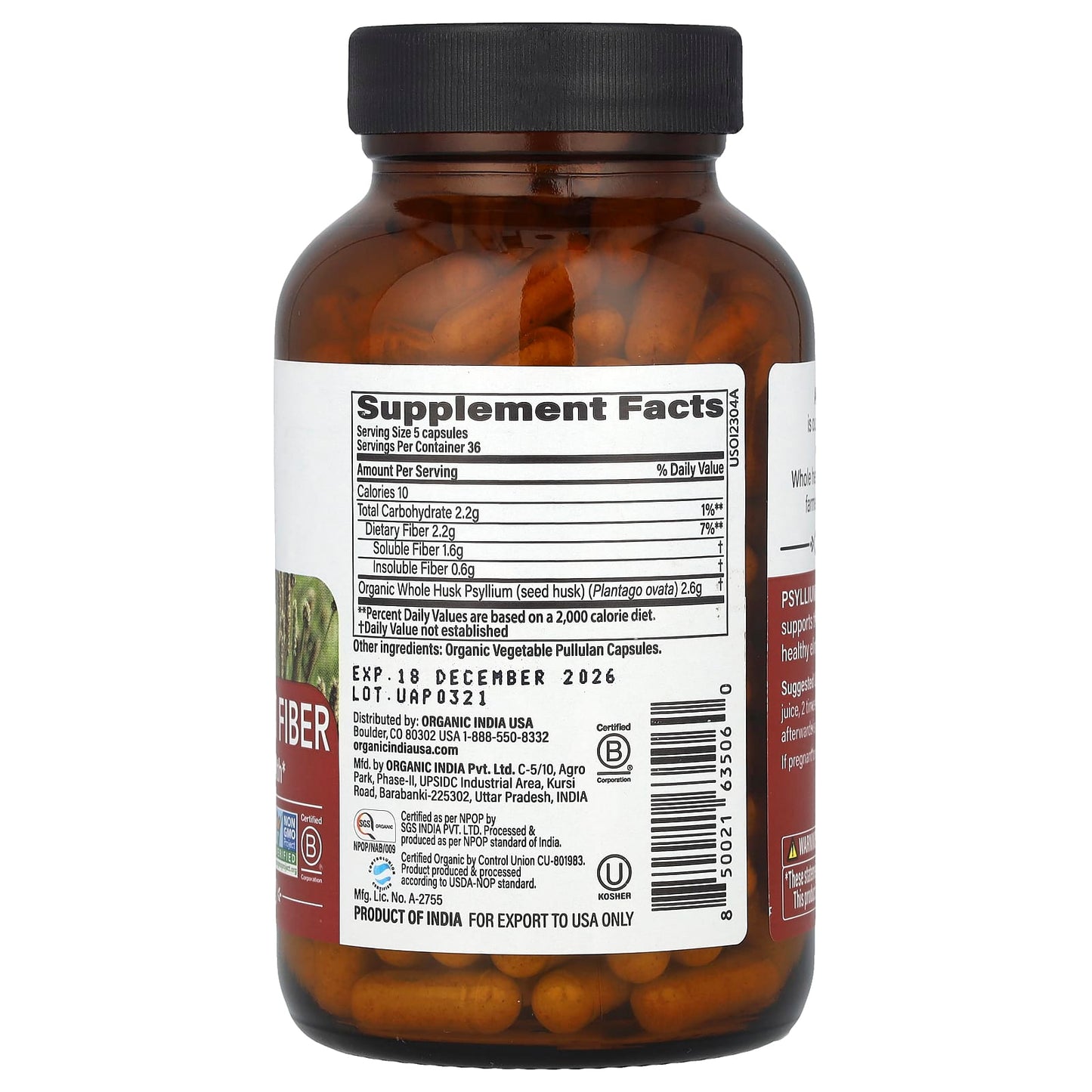 Organic India, Organic Psyllium Fiber, 180 Veg Caps (0.52 g per Capsule) - Image 2