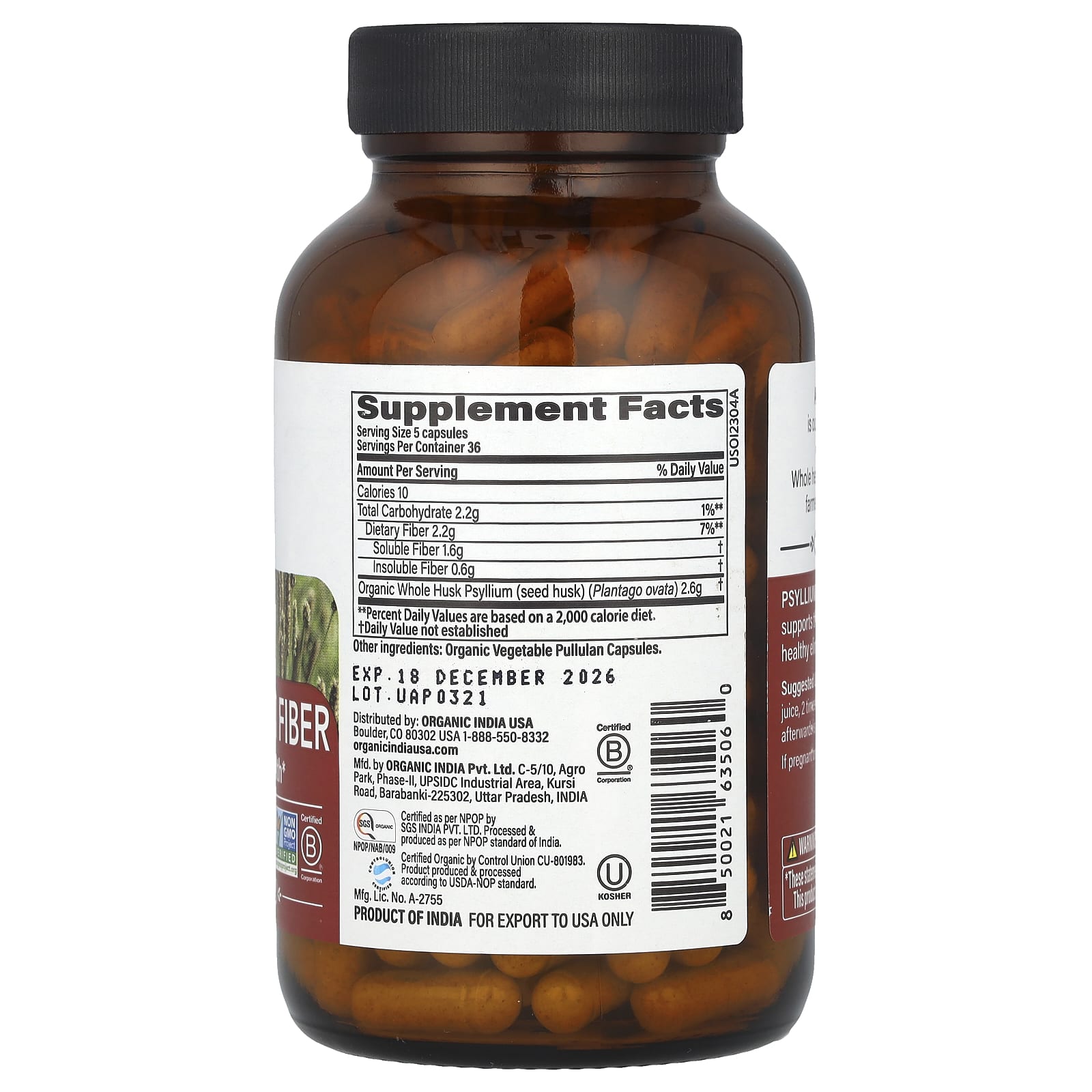 Organic India, Organic Psyllium Fiber, 180 Veg Caps (0.52 g per Capsule) - Image 2