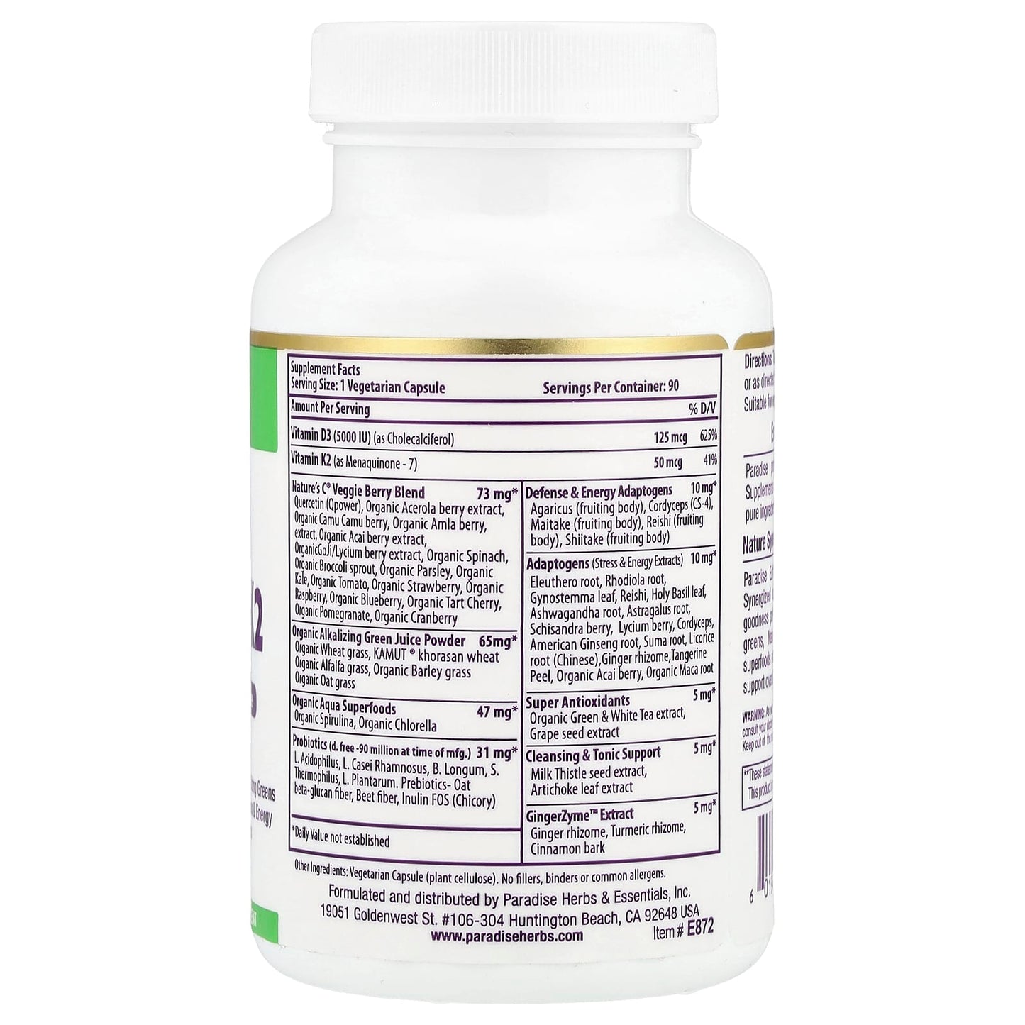 Paradise Herbs, Earth's Blend®, Vitamin D3 + K2, 90 Vegetarian Capsules - Image 2