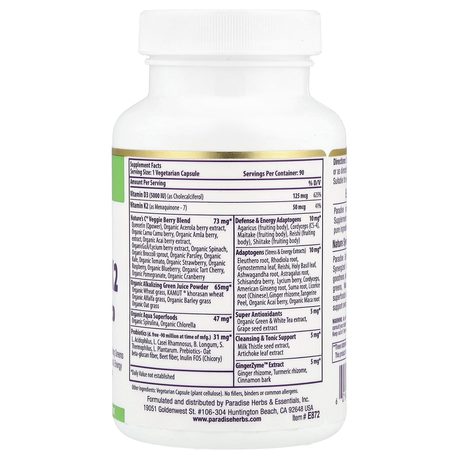 Paradise Herbs, Earth's Blend®, Vitamin D3 + K2, 90 Vegetarian Capsules - Image 2