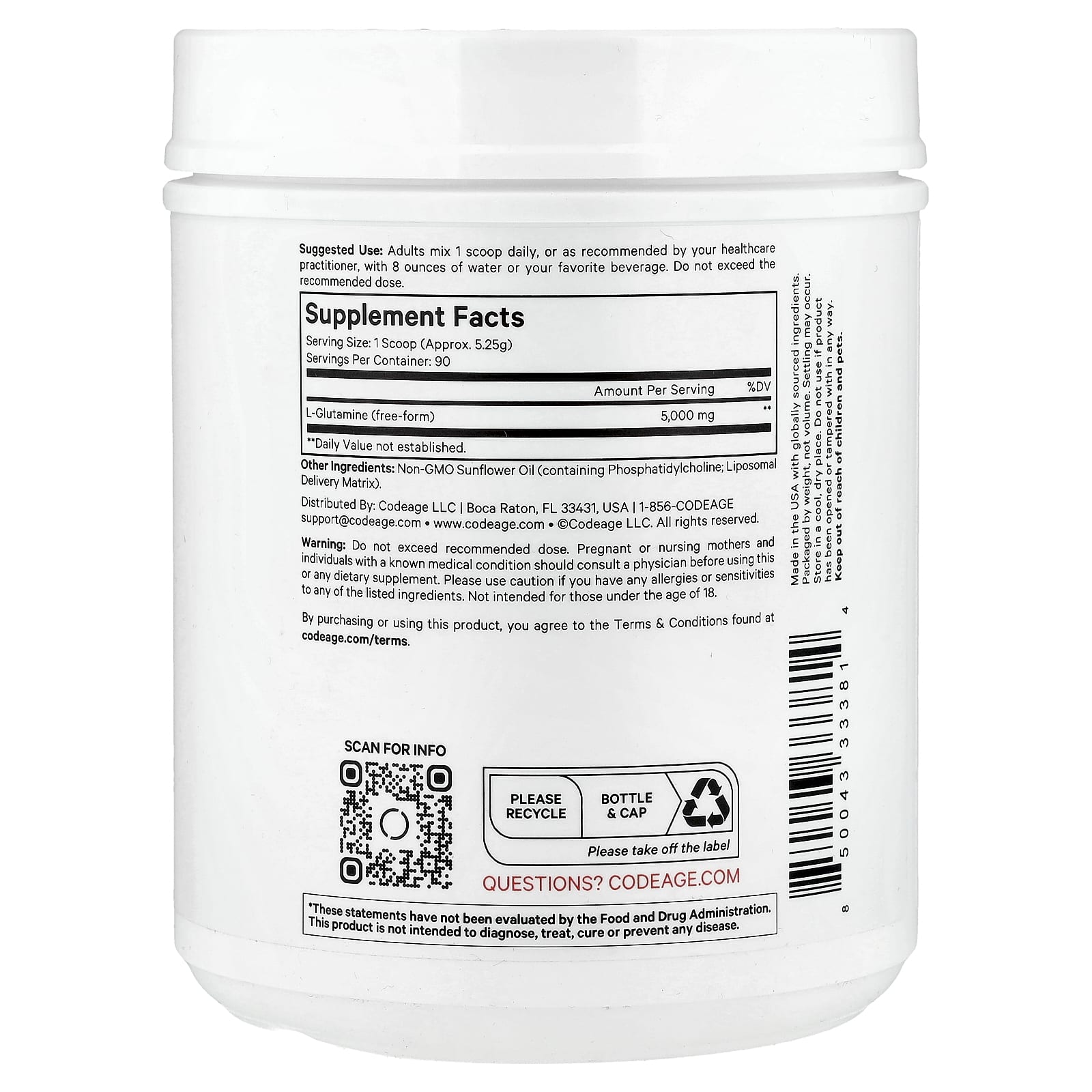 Codeage Liposomal L-Glutamine Powder Supplement, 5000mg, 3-Month Supply - Image 2