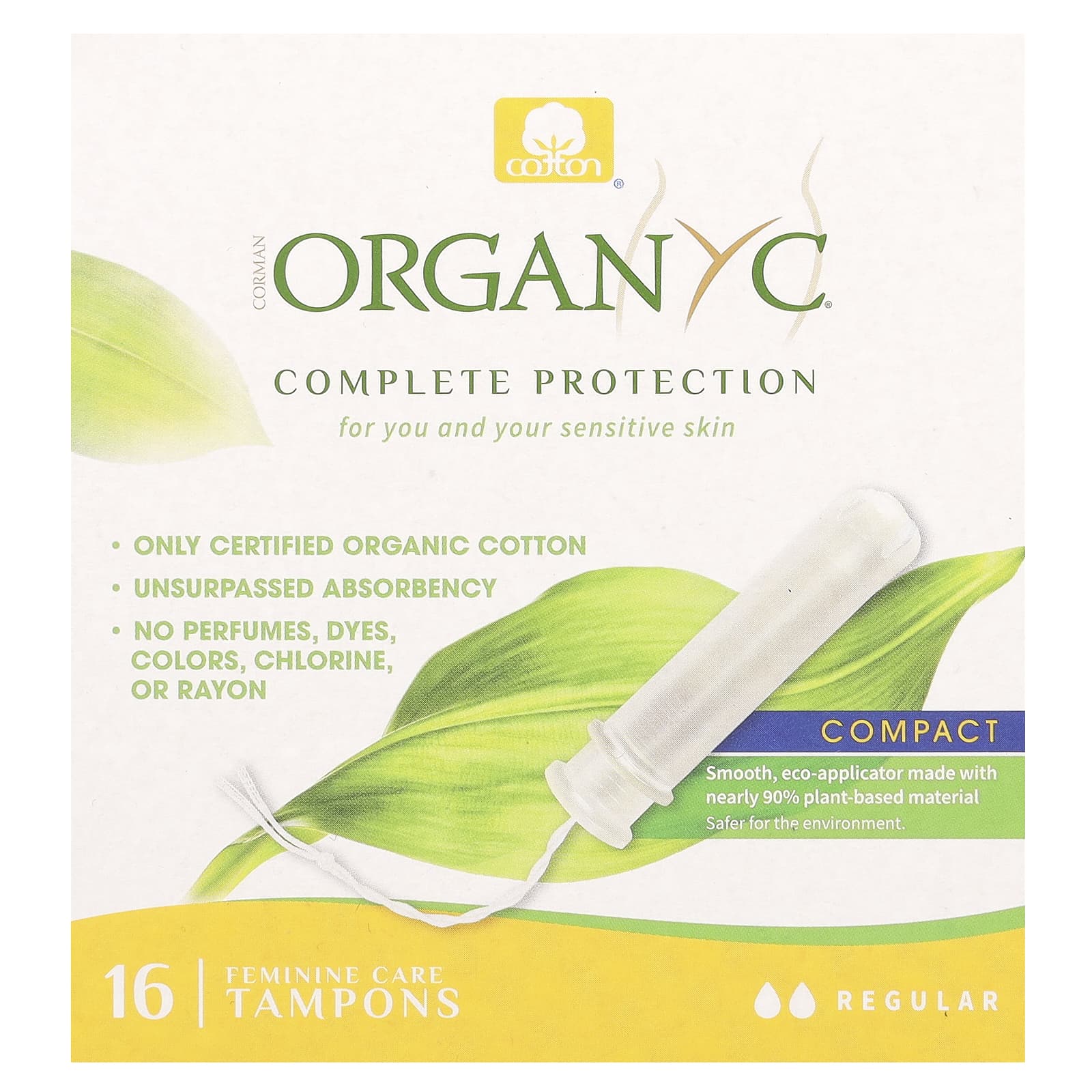 Organyc, Organic Tampons, Compact, Regular, 16 Tampons - Image 1