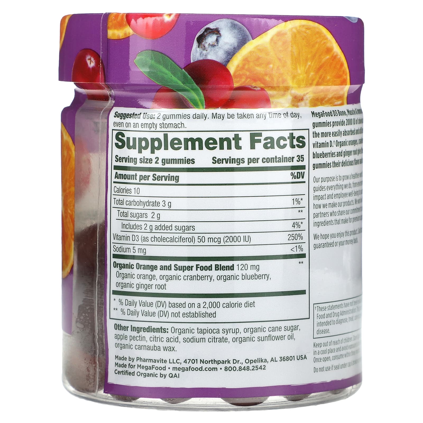 MegaFood, D3, Mixed Fruit, 70 Gummies (25 mcg (1,000 IU) per Gummy) - Image 2