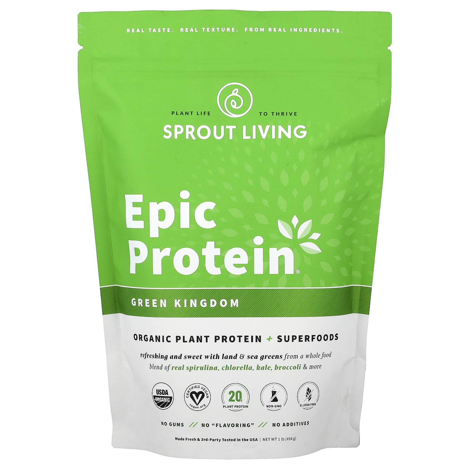 Sprout Living, Epic Protein®, Organic Plant Protein + Superfoods, Green Kingdom, 1 lb (456 g) - Image 1