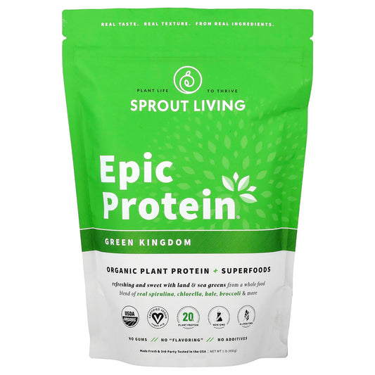 Sprout Living, Epic Protein®, Organic Plant Protein + Superfoods, Green Kingdom, 1 lb (456 g) - Image 1