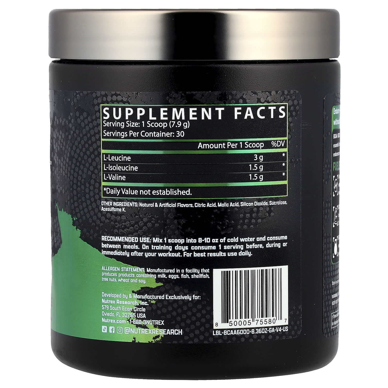 Nutrex Research, BCAA 6000™ Recovery, Green Apple, 8.36 oz (237 g) - Image 2