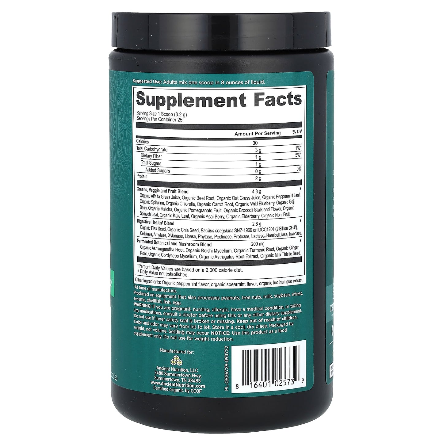 Ancient Nutrition Organic SuperGreens Powder with Mint, USDA Organic, 7.23 oz - Image 2