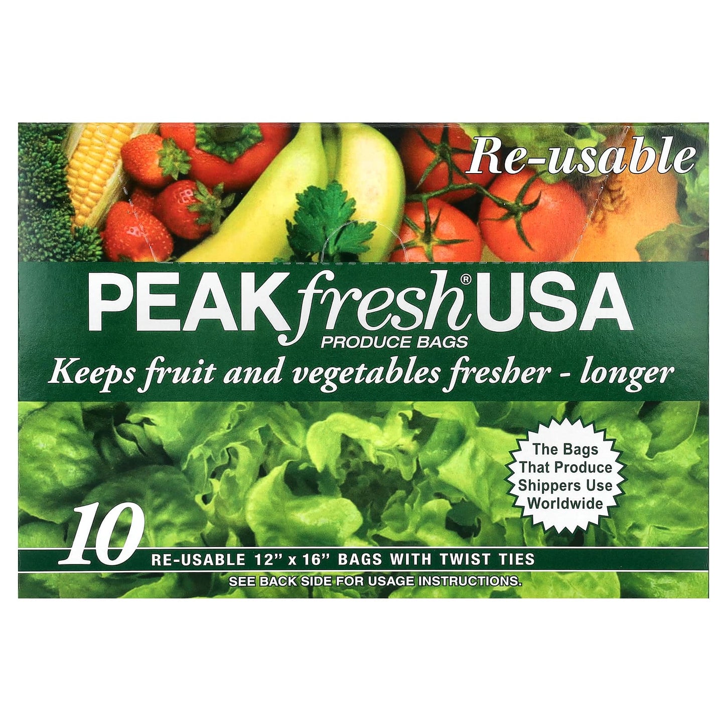 PEAKfresh USA, Produce Bags with Twist Ties, 10 Re-Usable Bags - Image 1