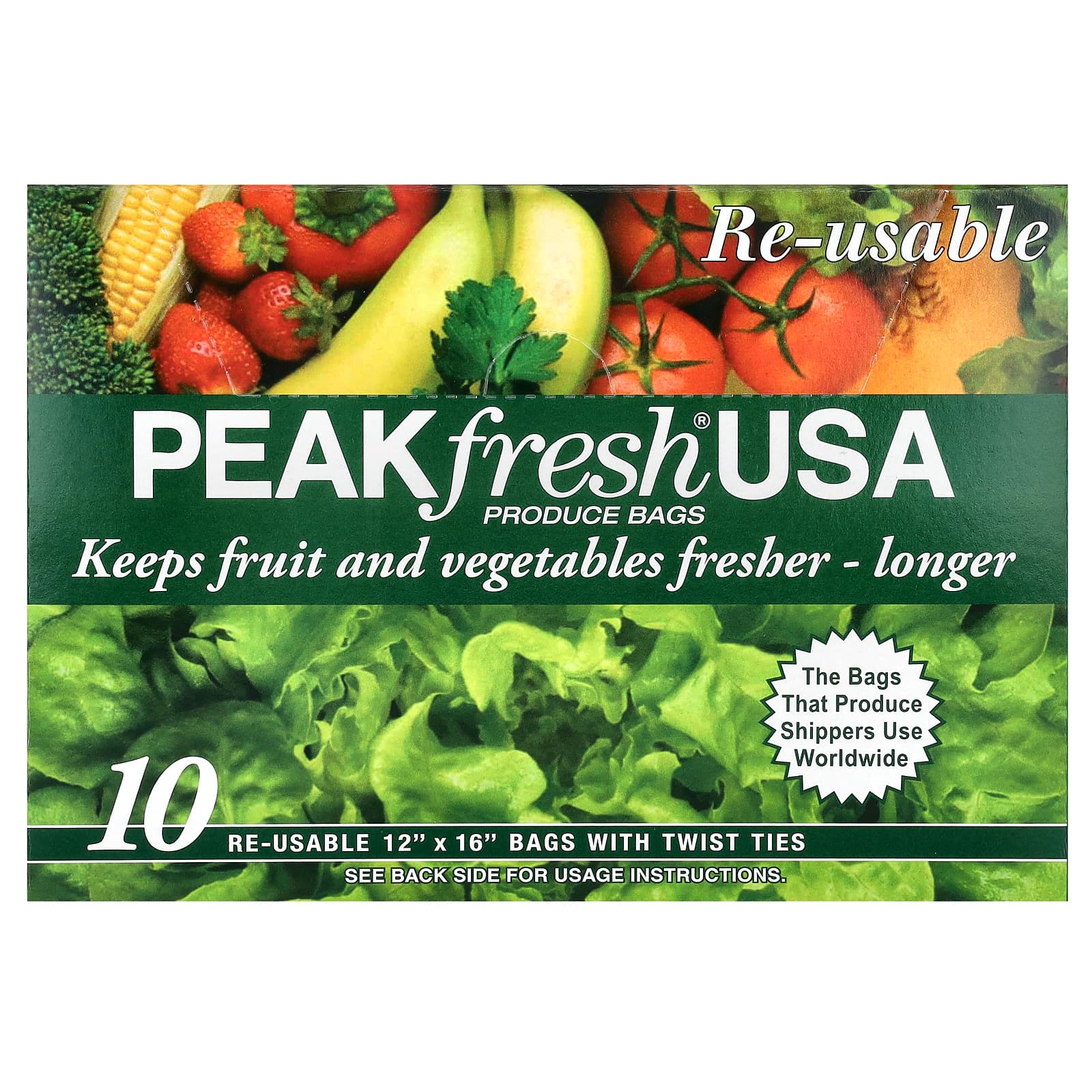 PEAKfresh USA, Produce Bags with Twist Ties, 10 Re-Usable Bags - Image 1