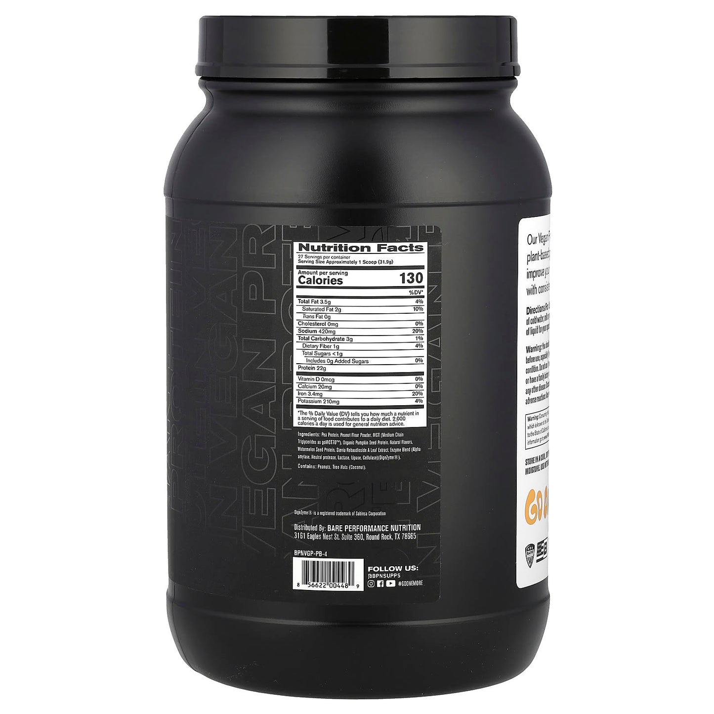 BPN Vegan Protein Powder: Peanut Butter Cookie, 1 lb 14.4 oz - Image 2