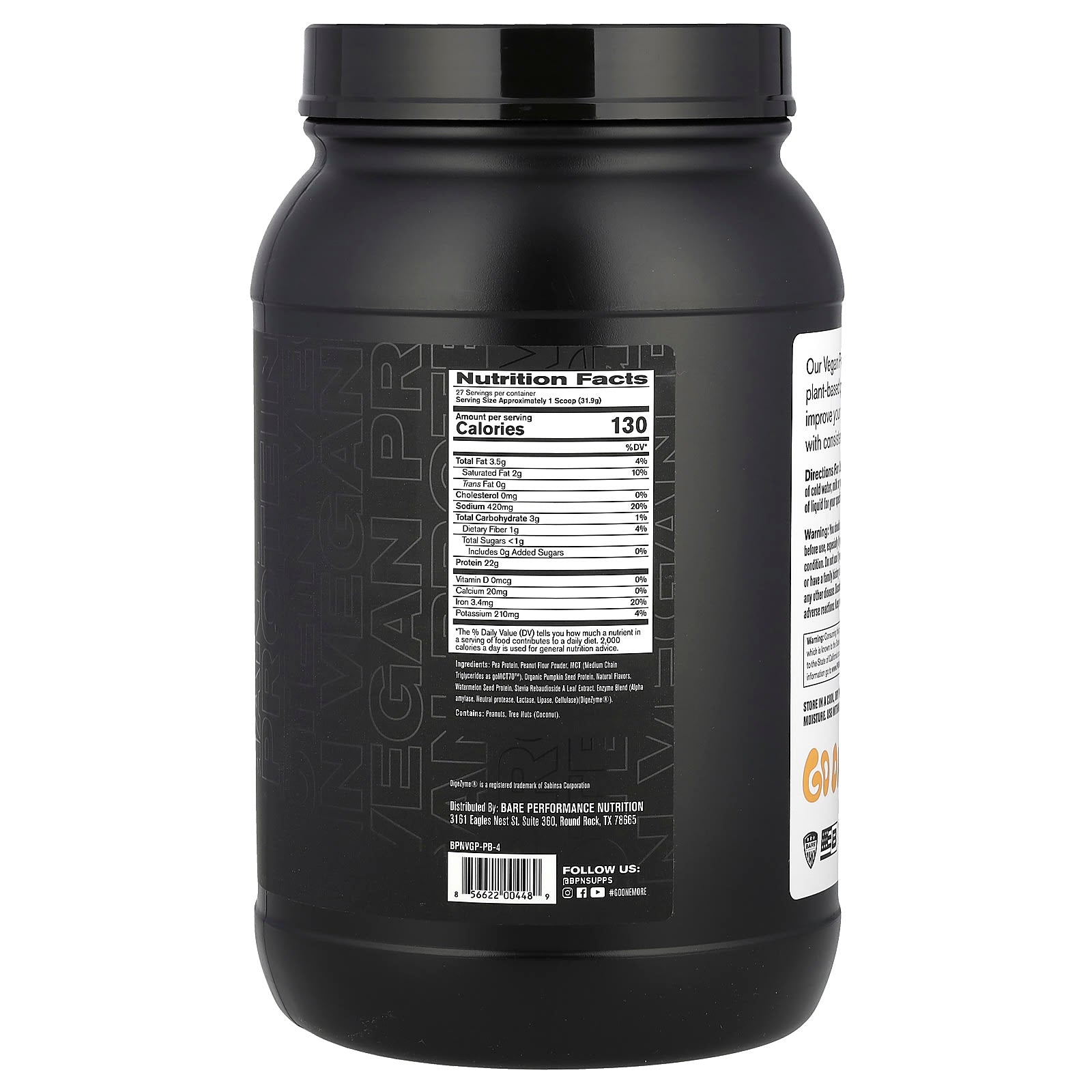BPN Vegan Protein Powder: Peanut Butter Cookie, 1 lb 14.4 oz - Image 2