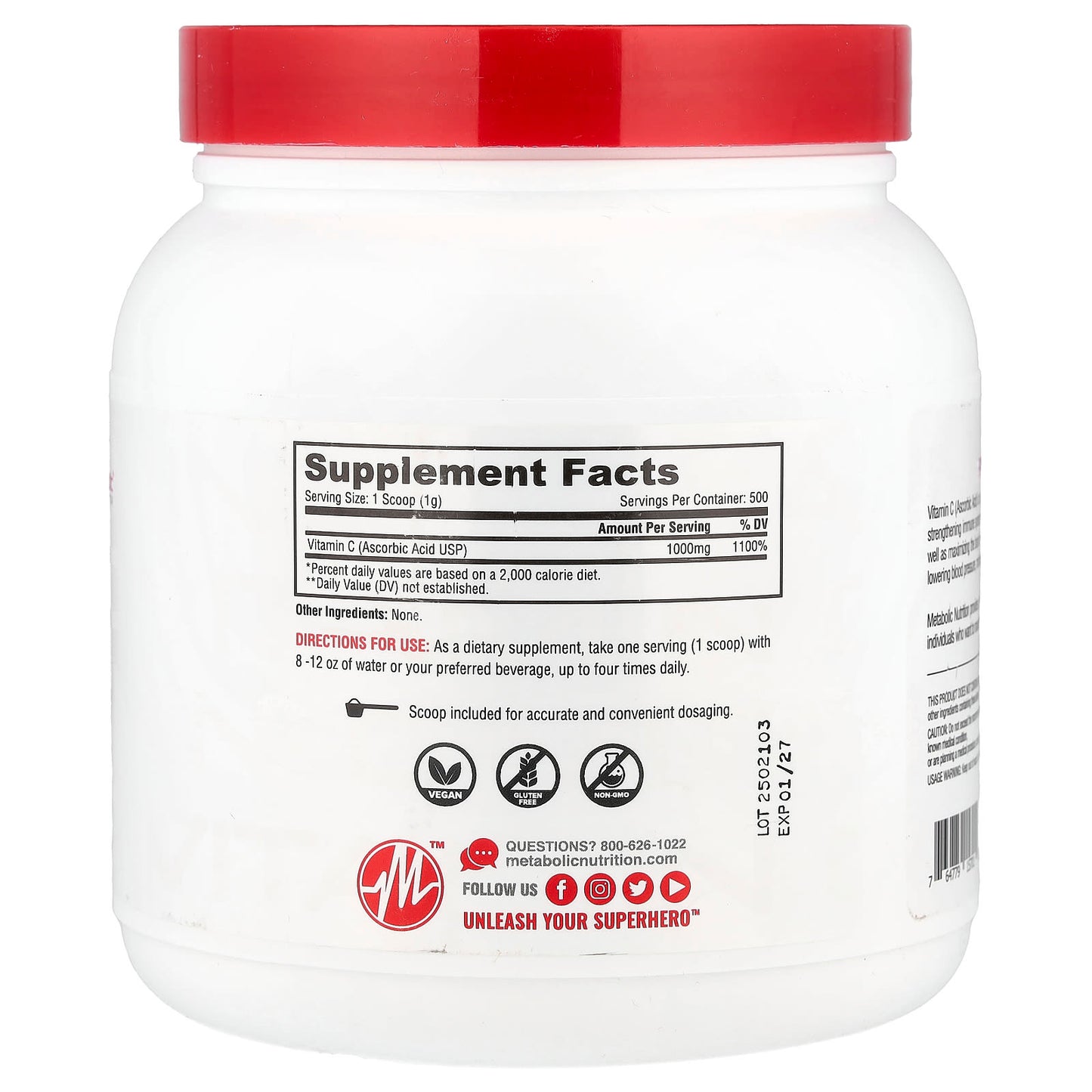 Metabolic Nutrition, Vitamin-C, Unflavored, 17.64 oz (500 g) - Image 2