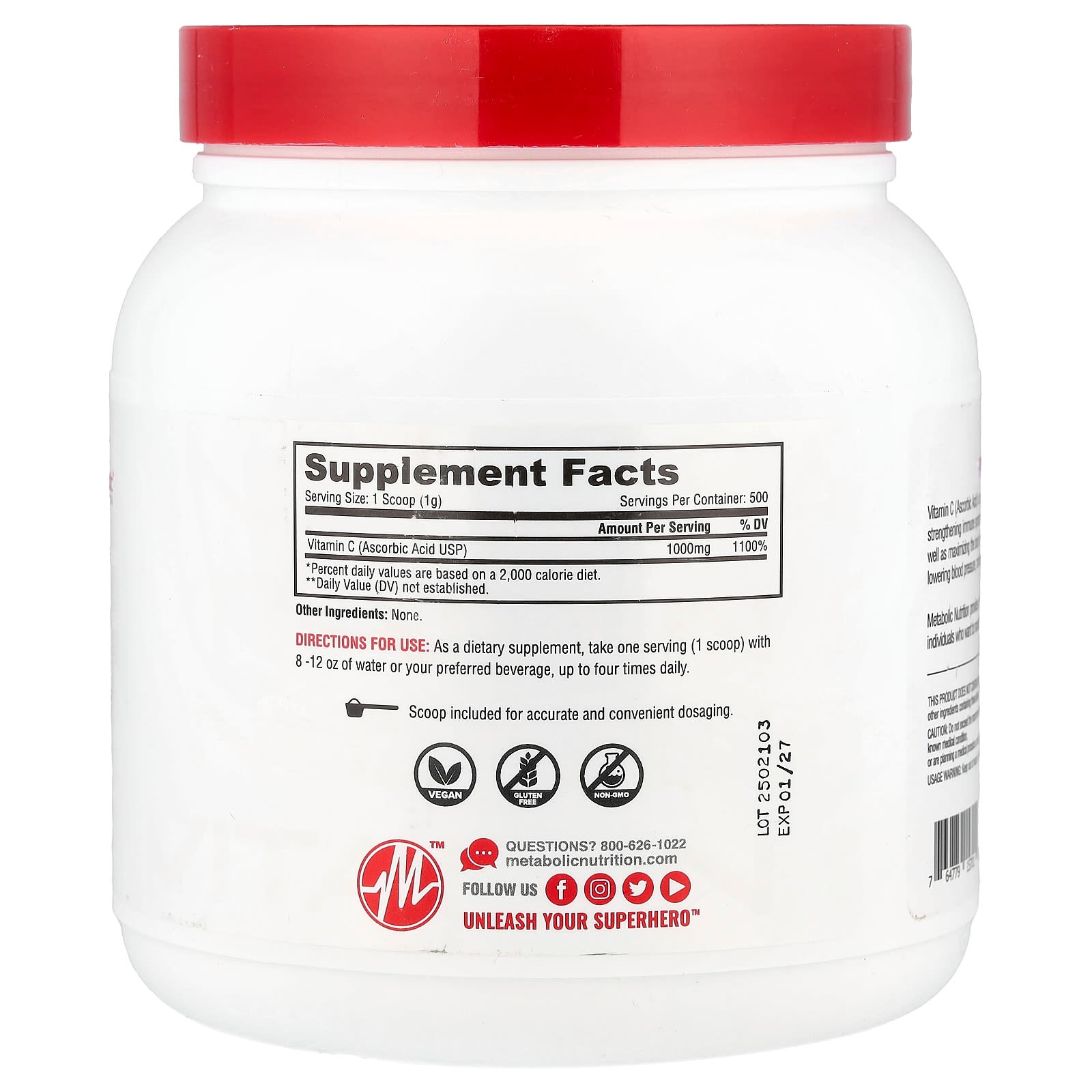 Metabolic Nutrition, Vitamin-C, Unflavored, 17.64 oz (500 g) - Image 2