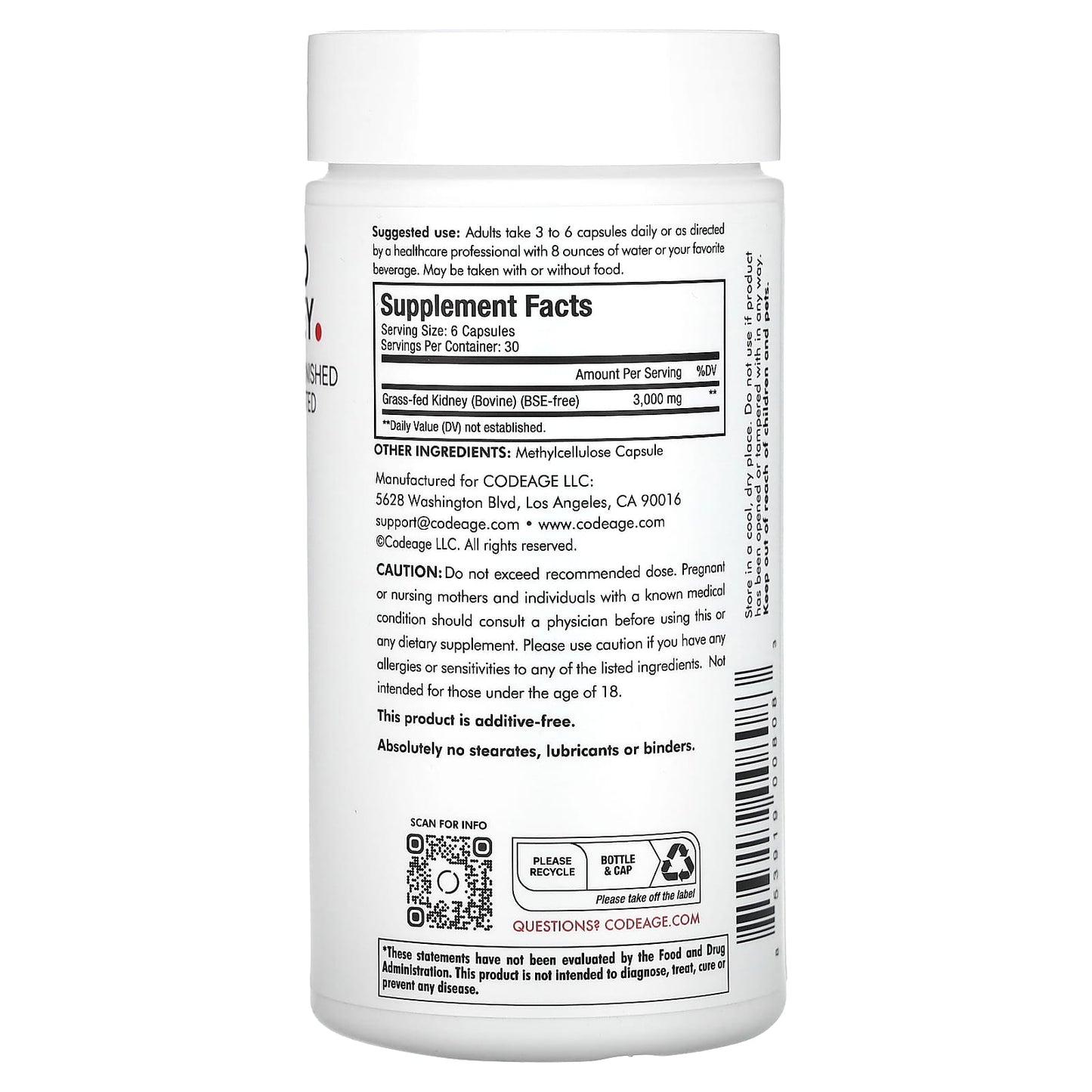 Grass-Fed Beef Kidney Supplement by CodeAge - 180 Capsules for Energy & Wellness - Image 2