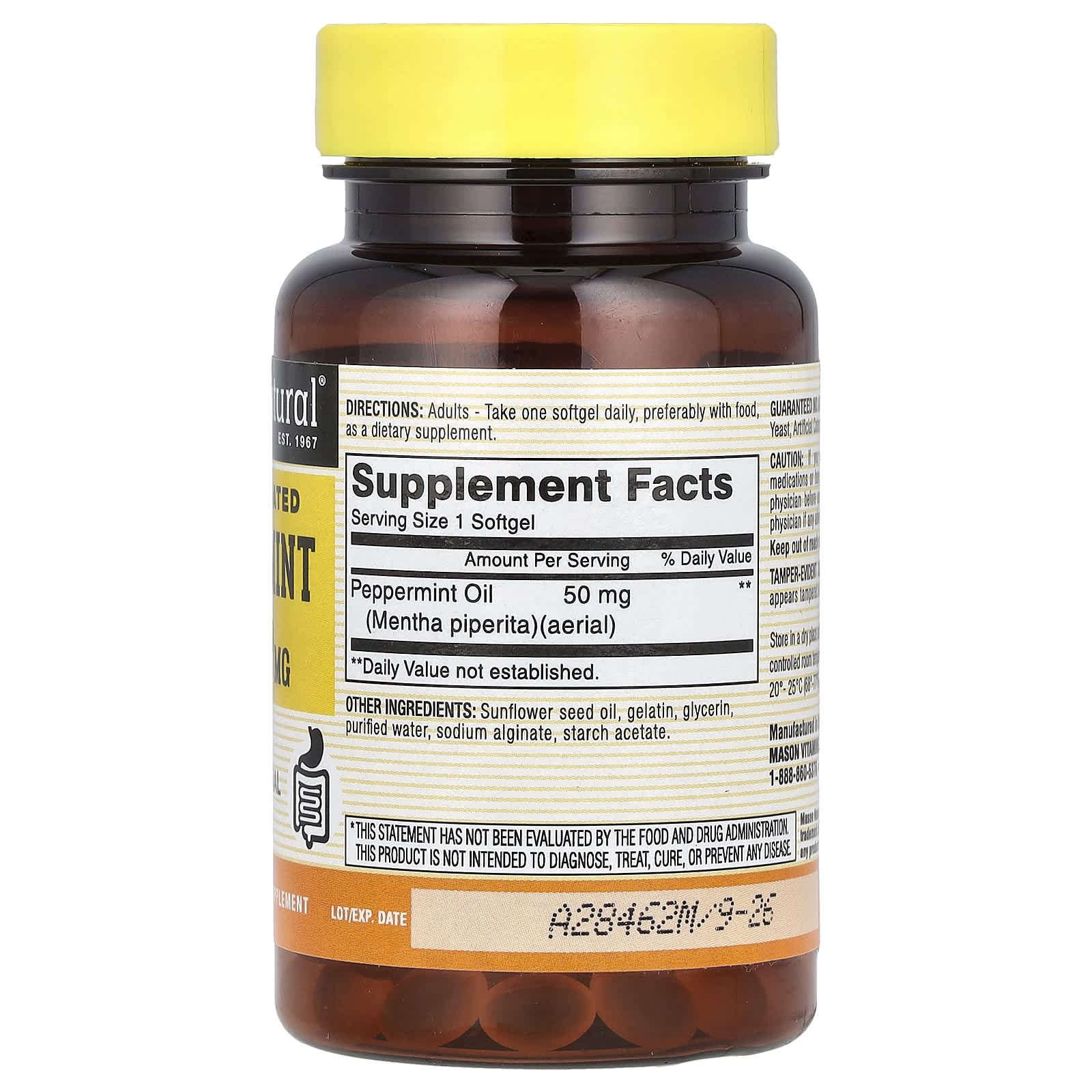 Mason Natural, Peppermint Oil, Enteric Coated, 50 mg, 90 Softgels - Image 2