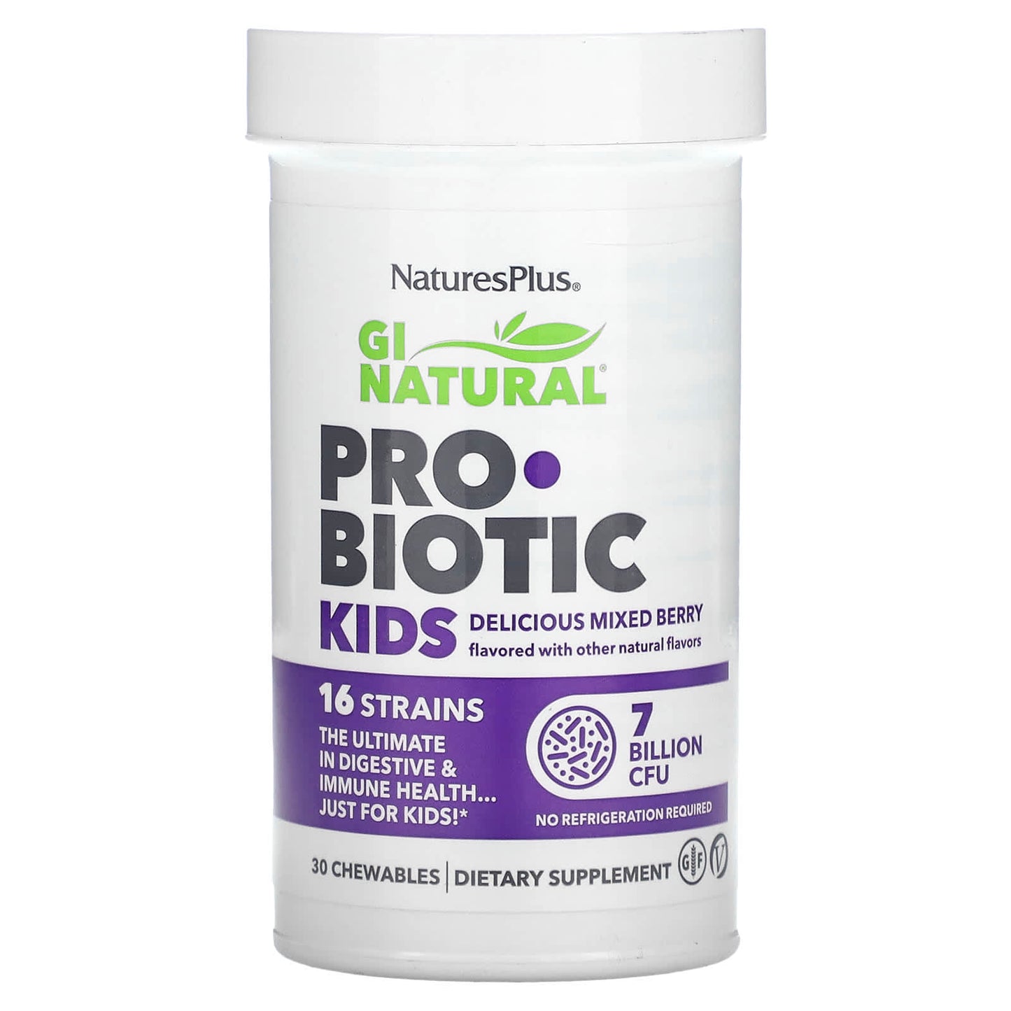 NaturesPlus, GI Natural Probiotic Kids, Delicious Mixed Berry , 7 Billion CFU, 30 Chewables